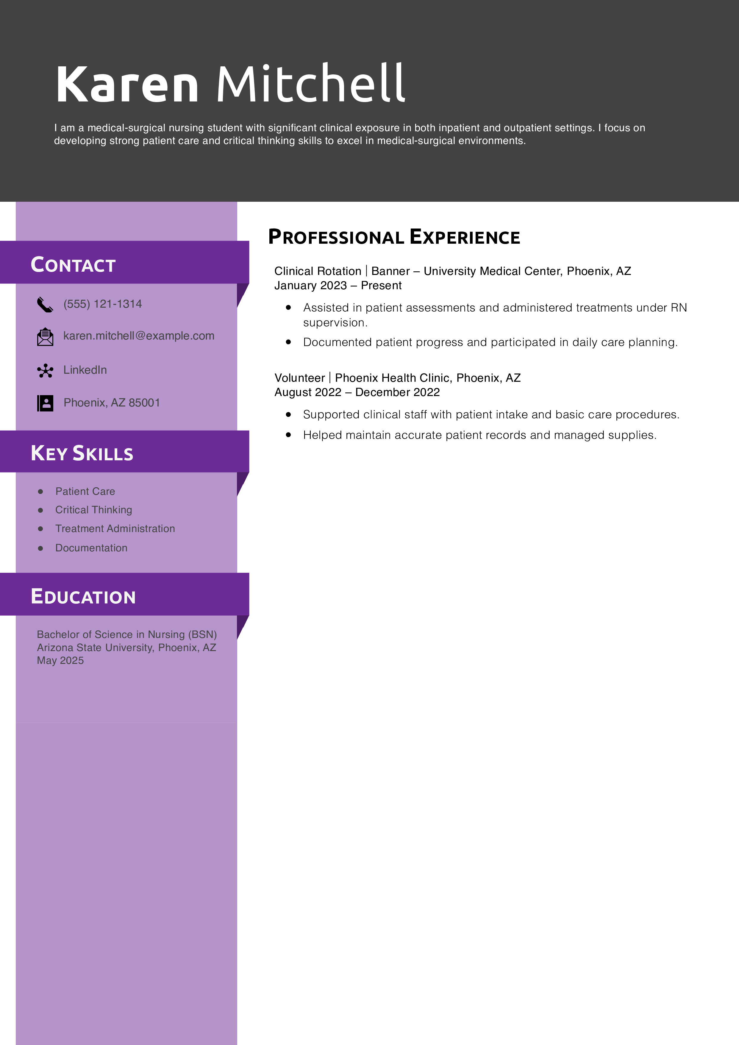 Medical-Surgical Nursing Student Resume Example