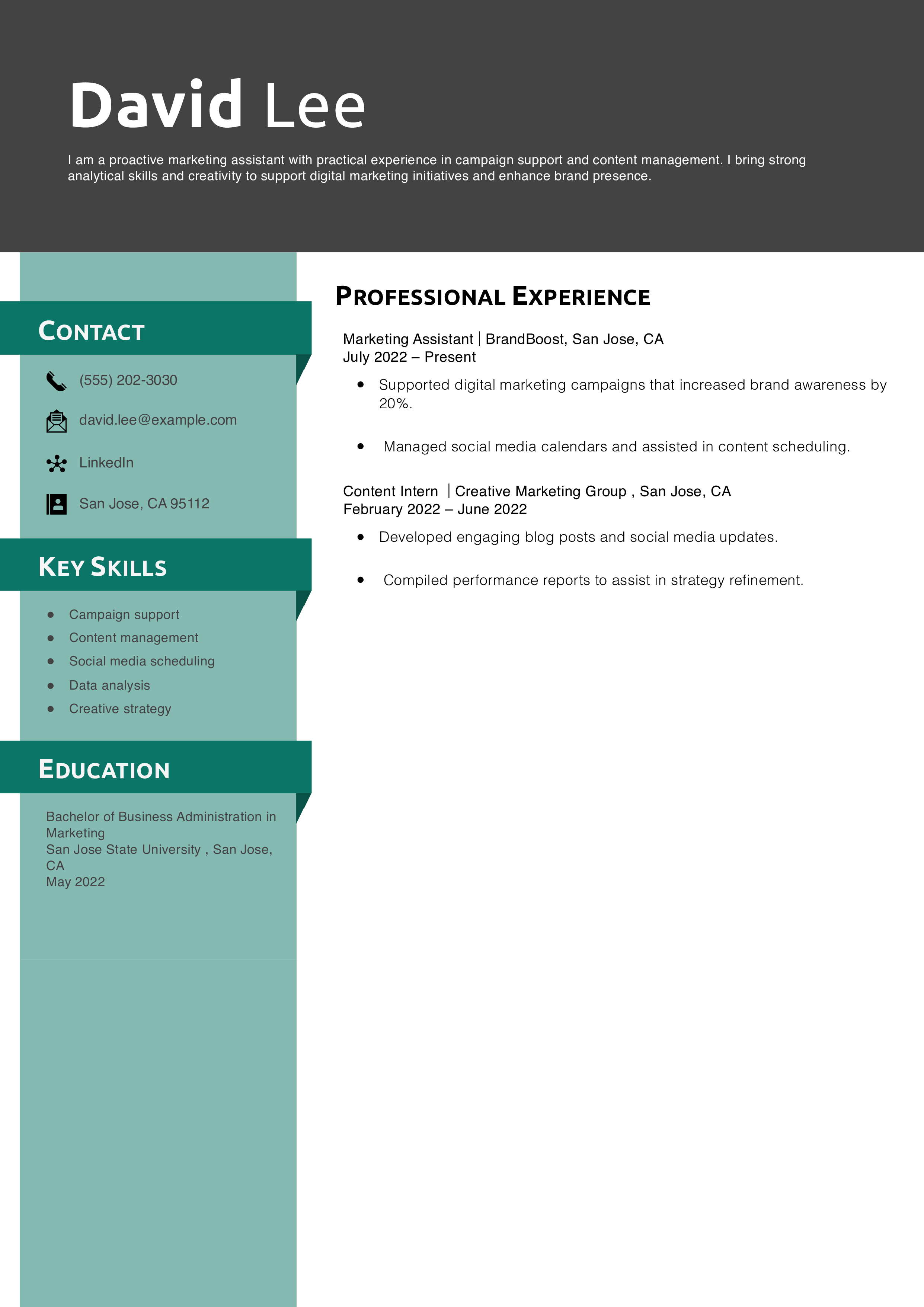 Entry-Level Marketing Assistant Resume Example