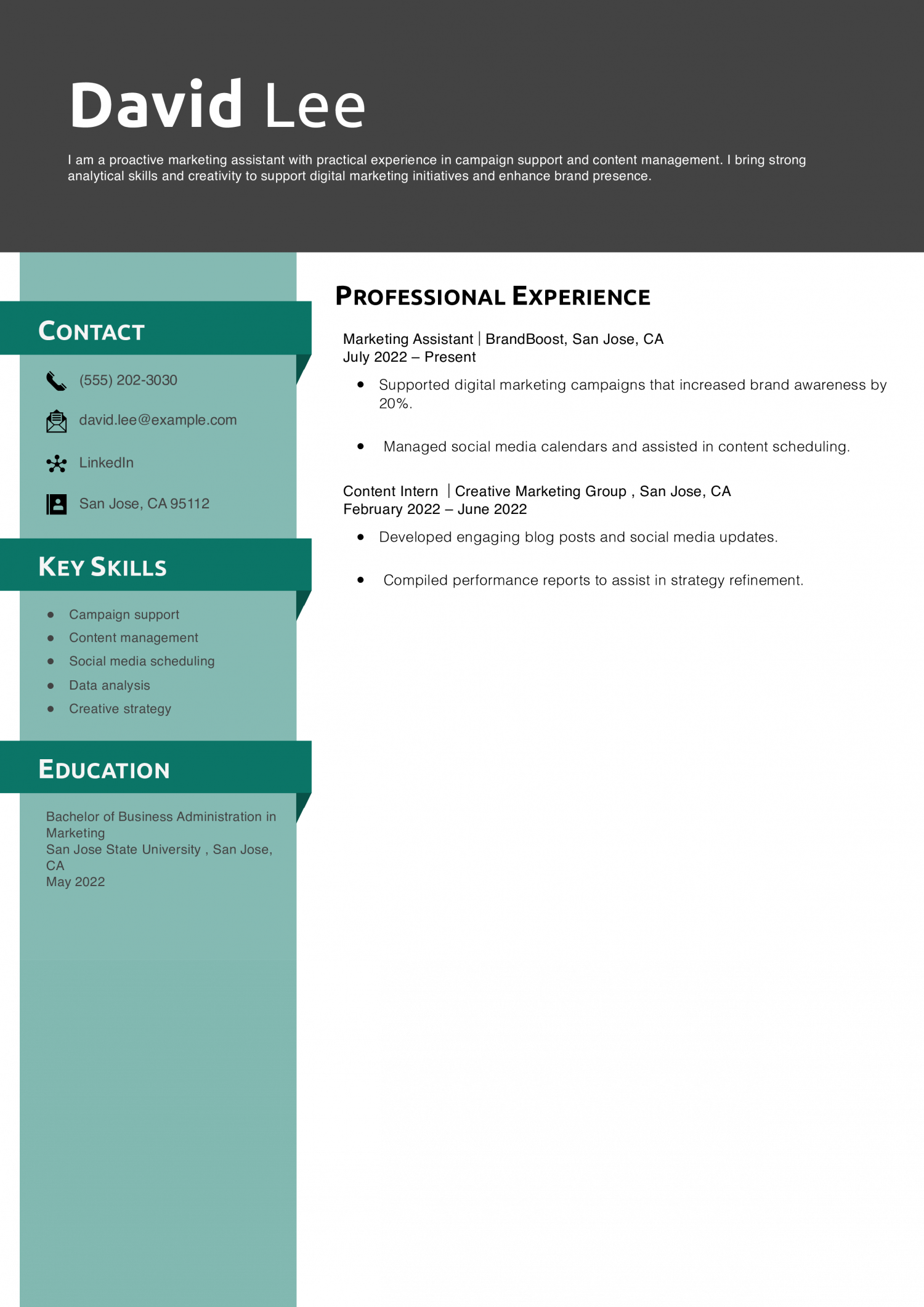 Entry-Level Marketing Assistant Resume Example