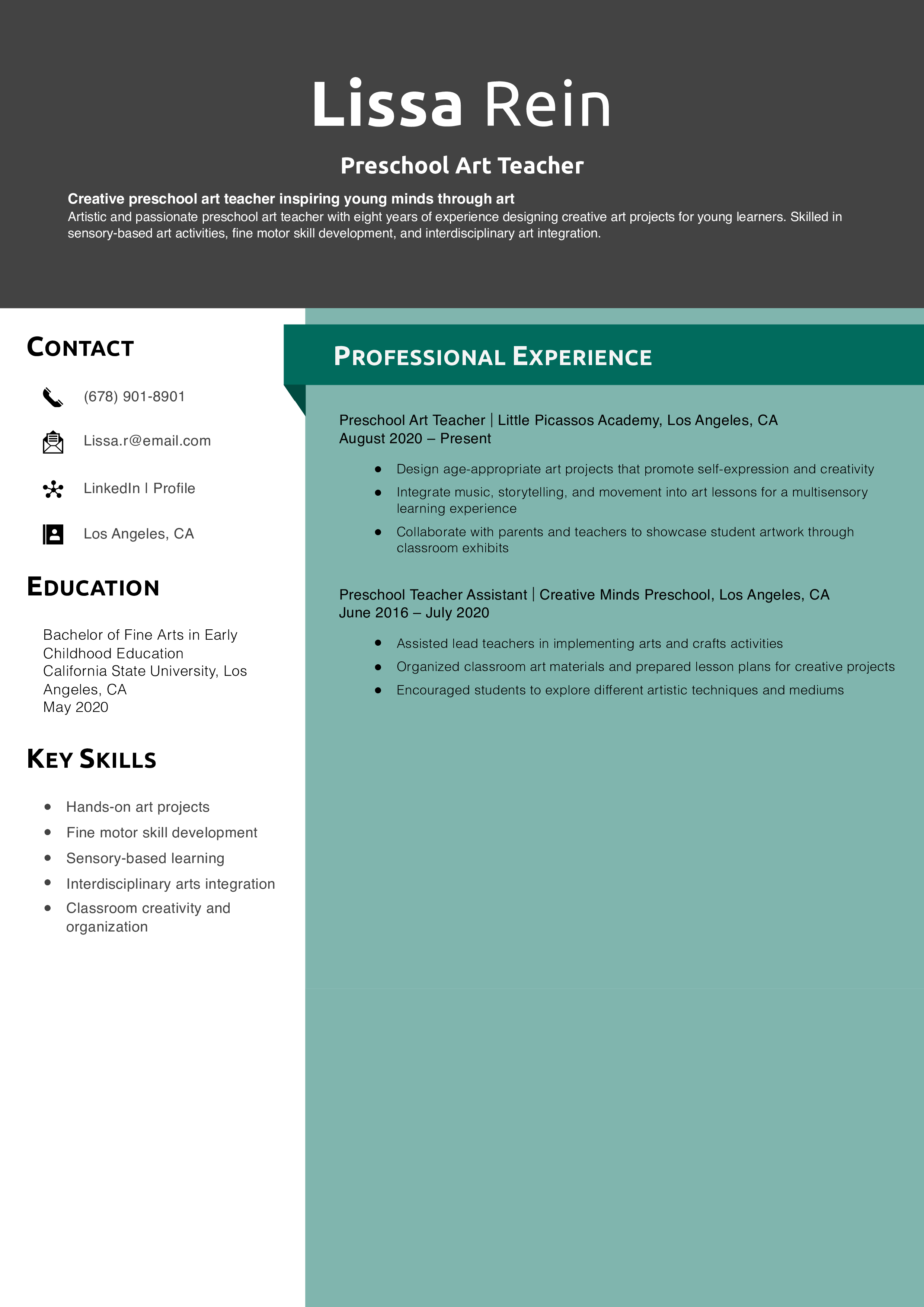 Preschool Art Teacher Resume