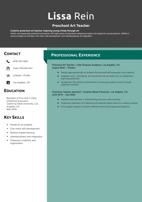 Preschool Art Teacher Resume