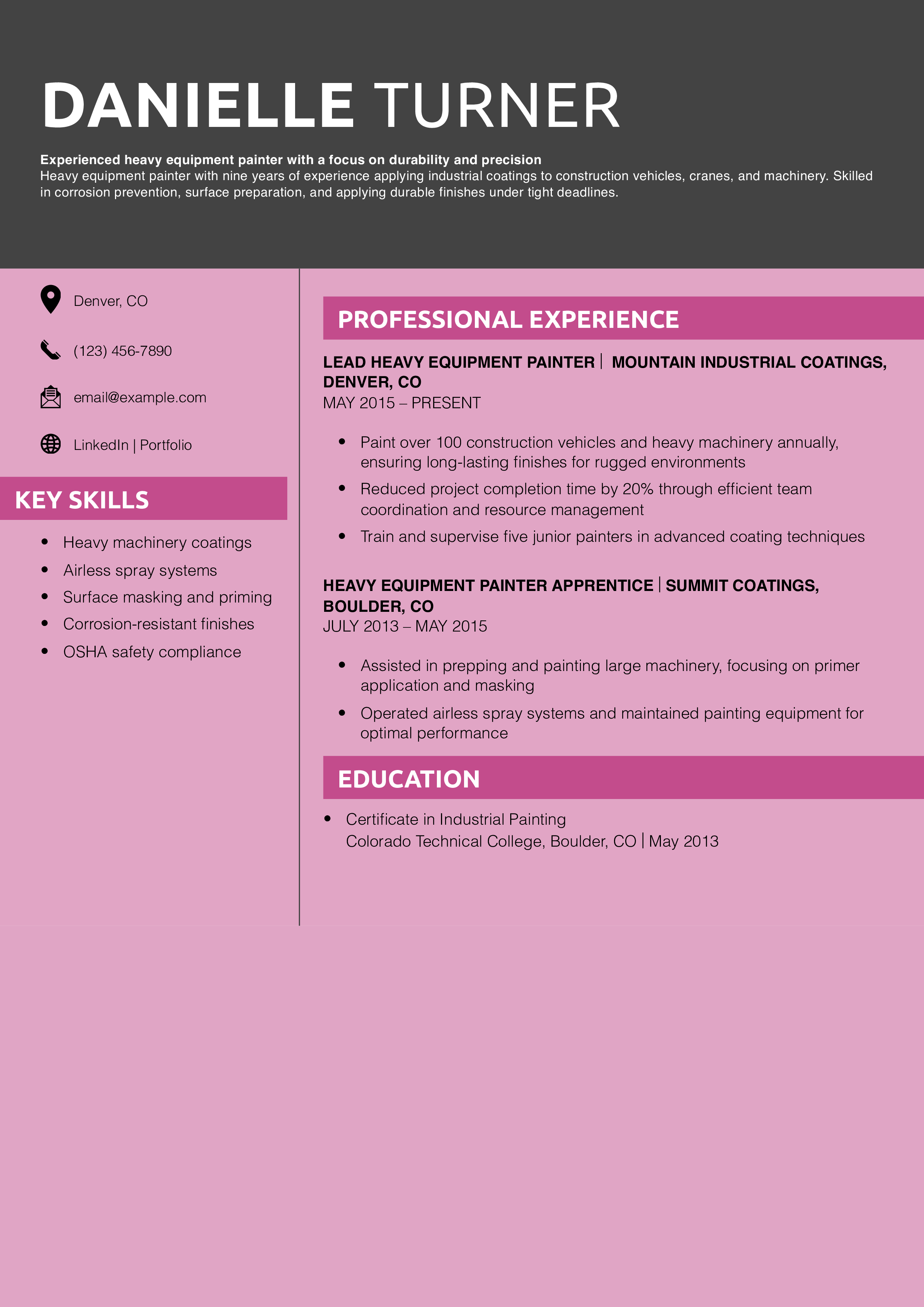 Heavy equipment painter resume
