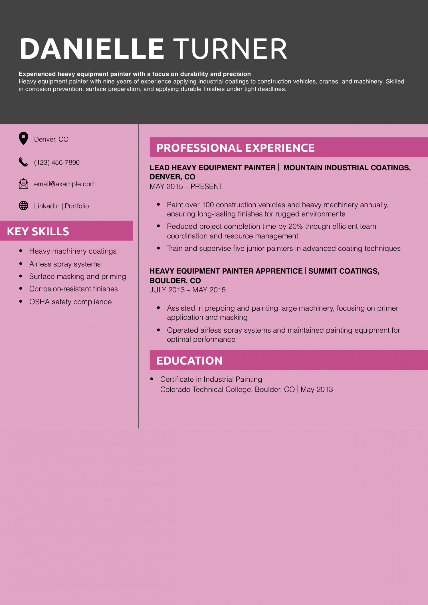 Heavy equipment painter resume