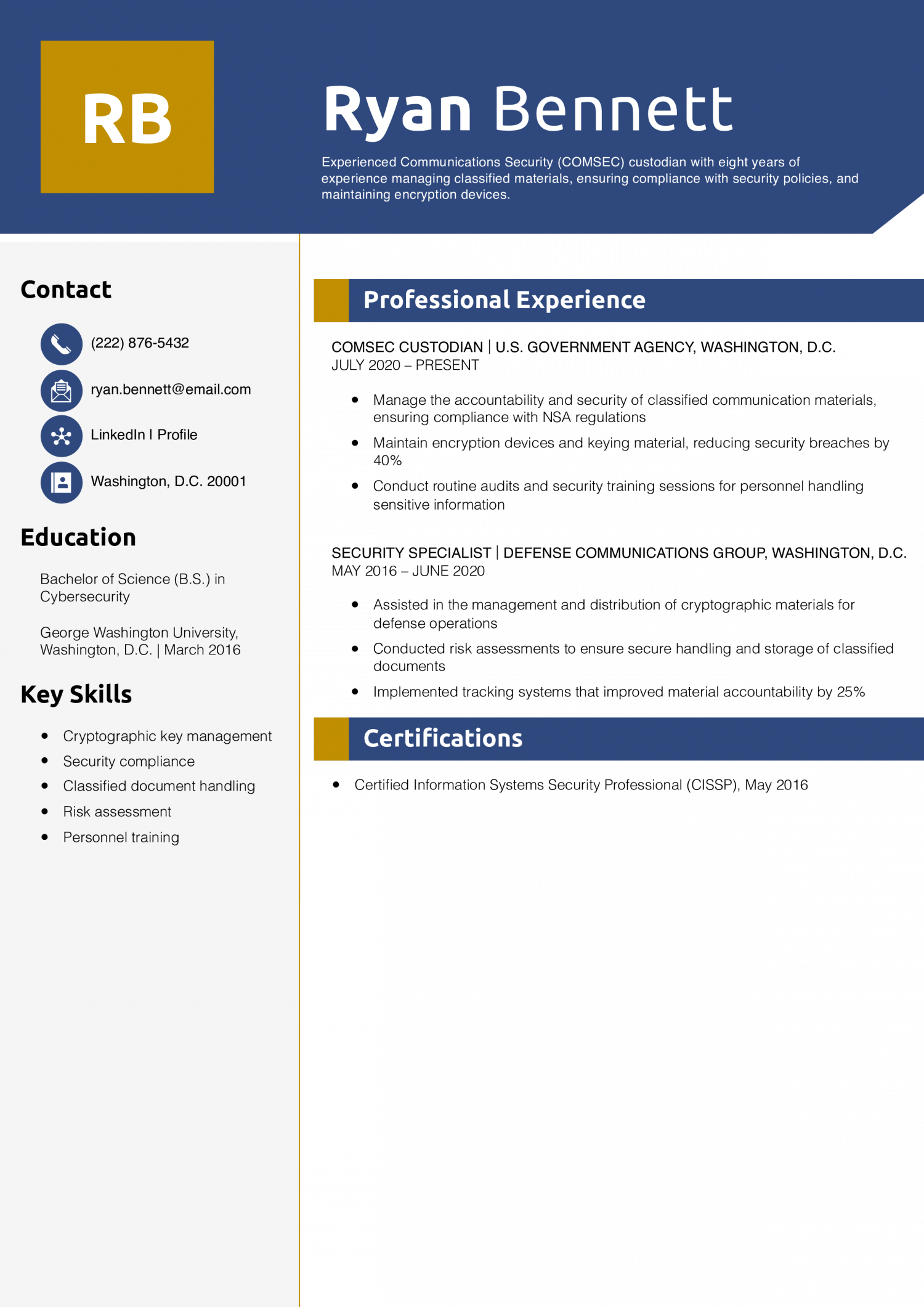 Comsec Custodian Resume Example