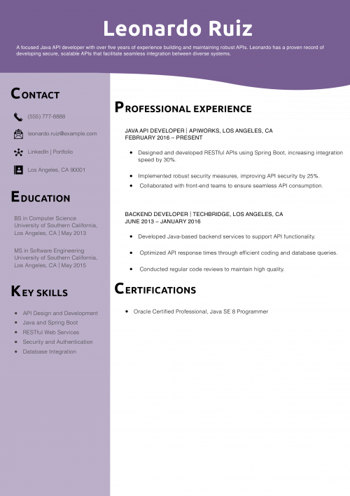Java API Developer Resume Example 