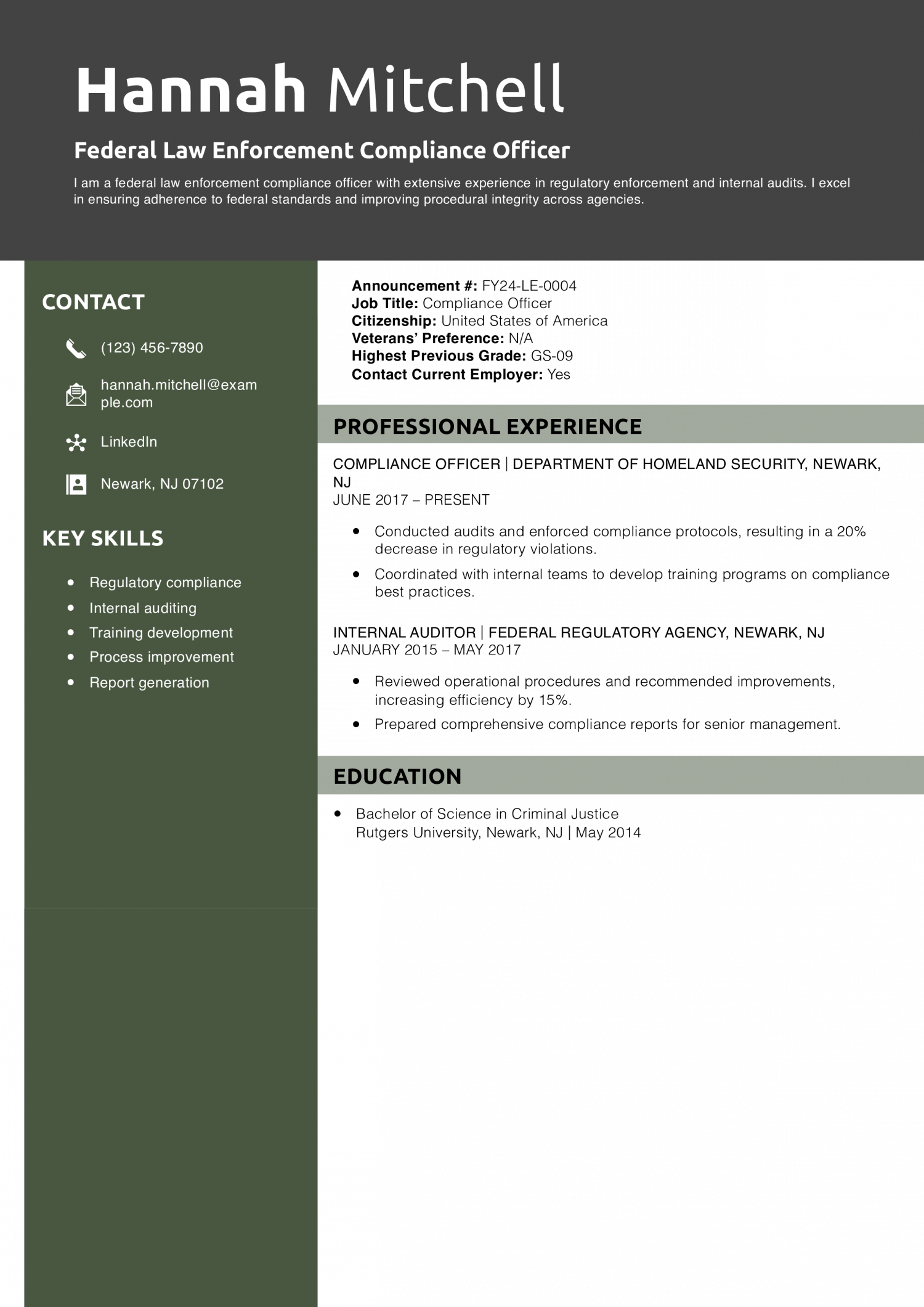 Federal Law Enforcement Compliance Officer Resume Example