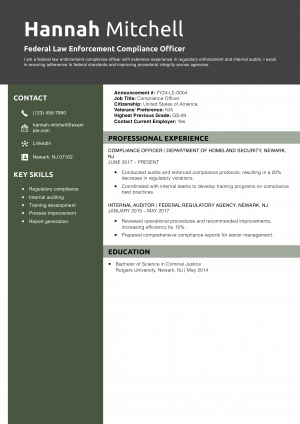 Federal Law Enforcement Compliance Officer Resume Example