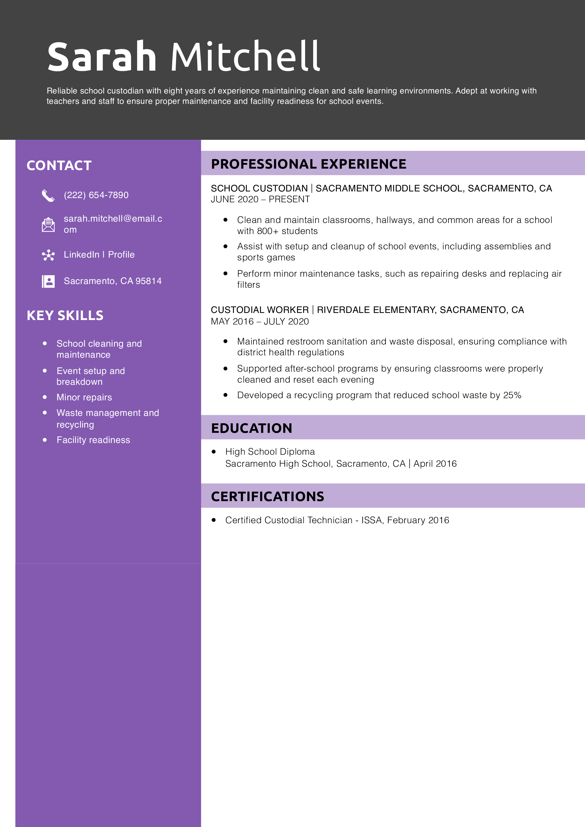 School Custodian Resume Example