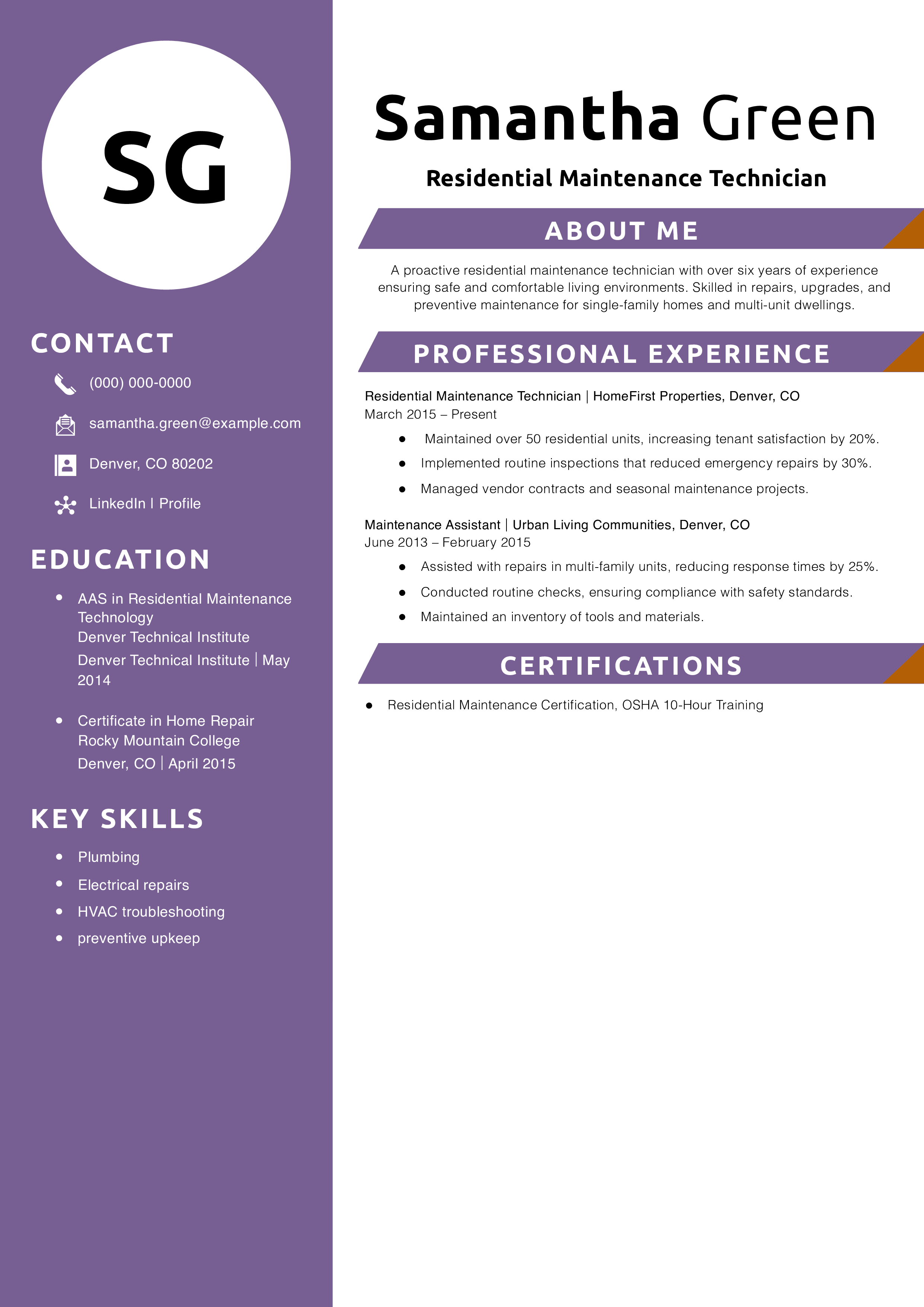 Residential Maintenance Technician Resume Example