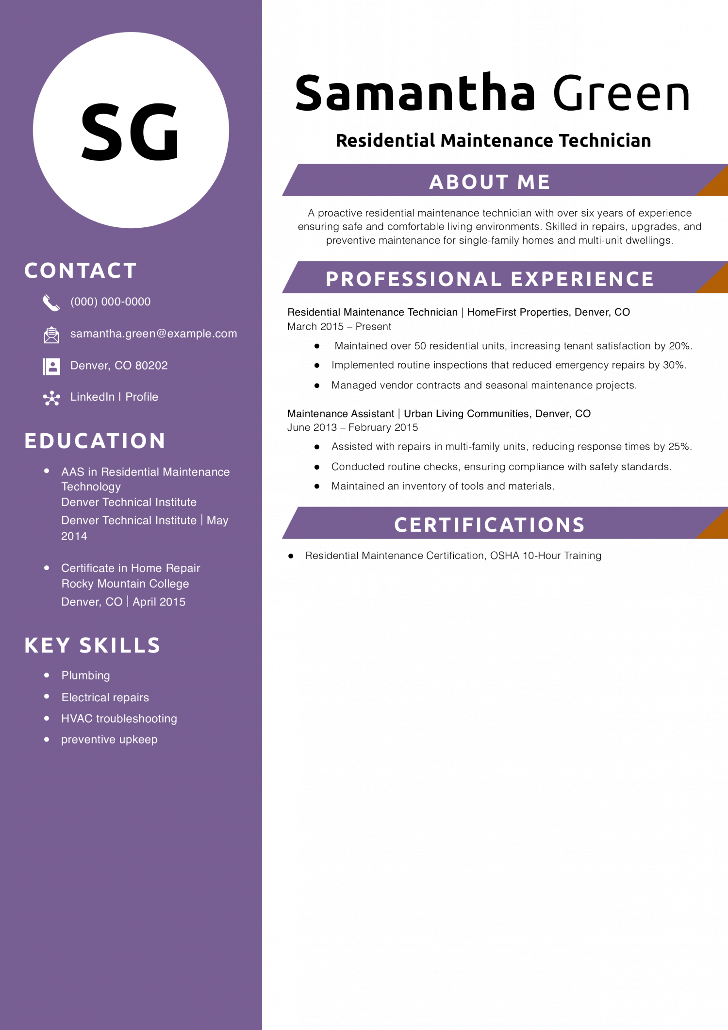 Residential Maintenance Technician Resume Example