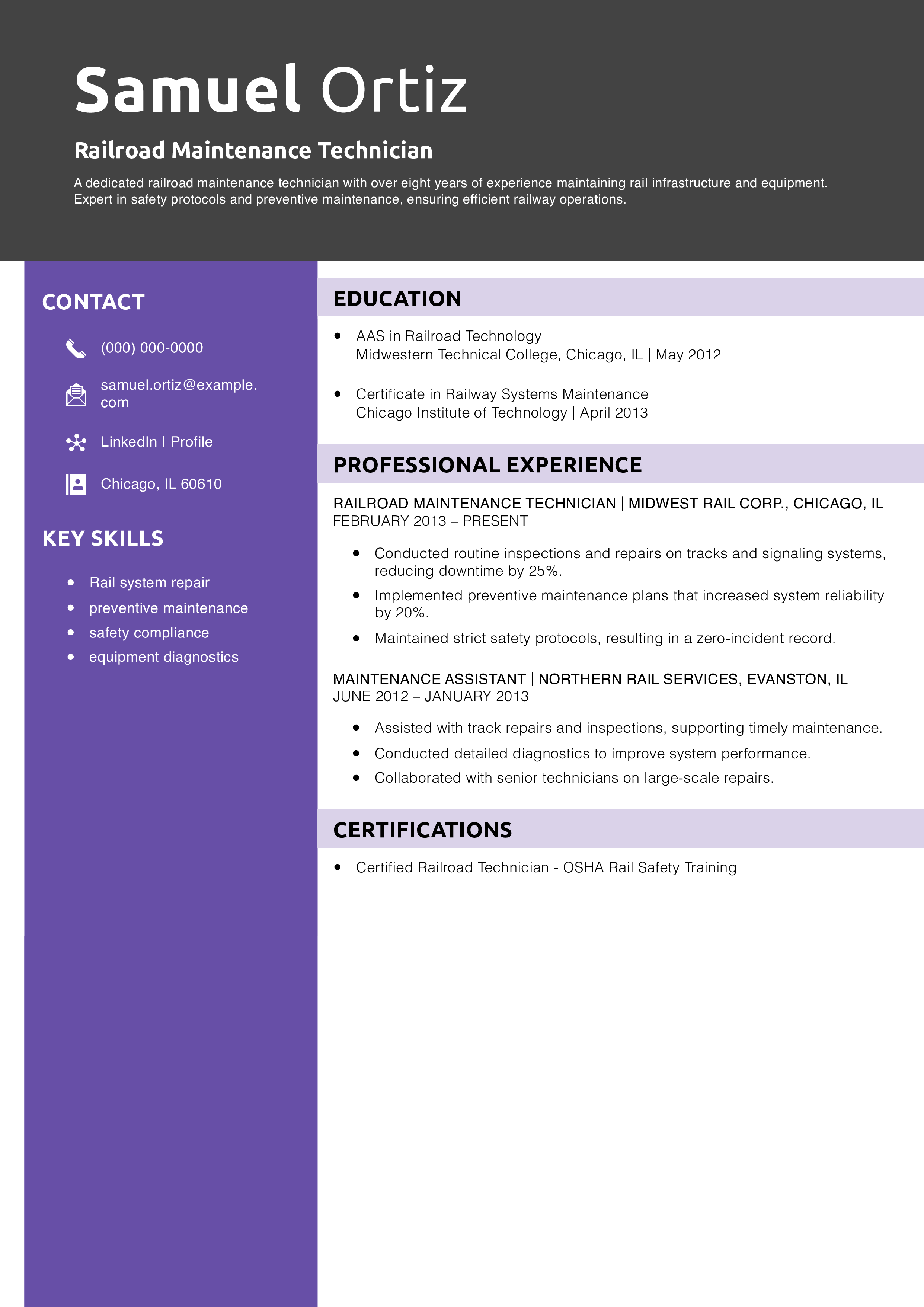 Railroad Maintenance Technician Resume Example