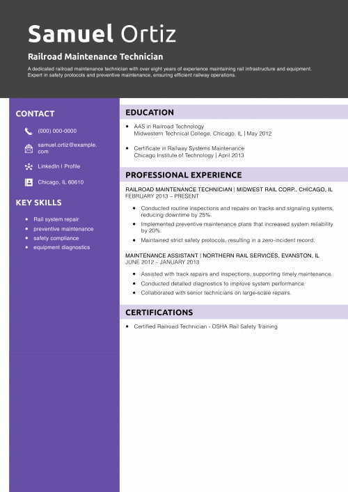 Railroad Maintenance Technician Resume Example