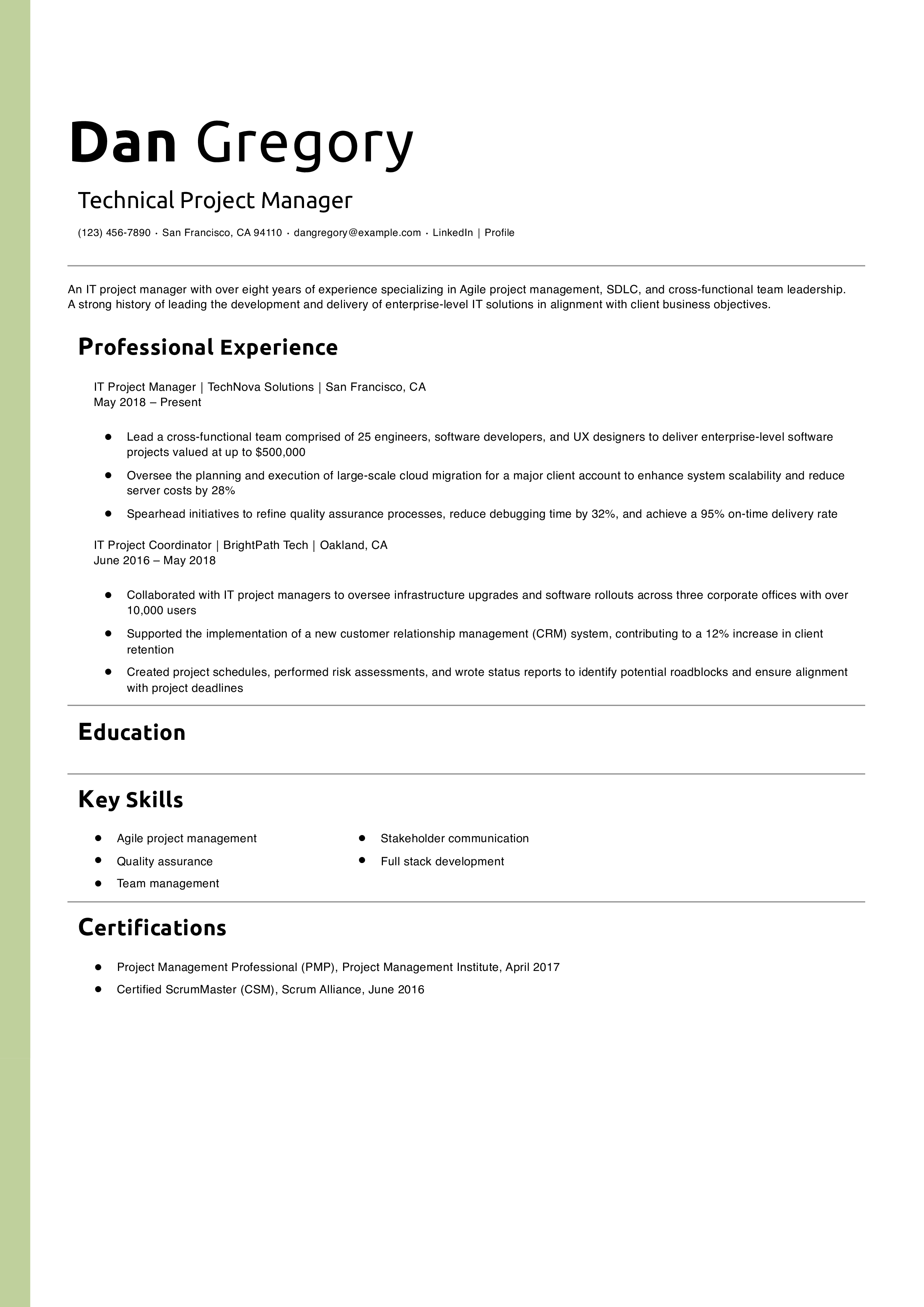 Technical Project Manager Resume Example