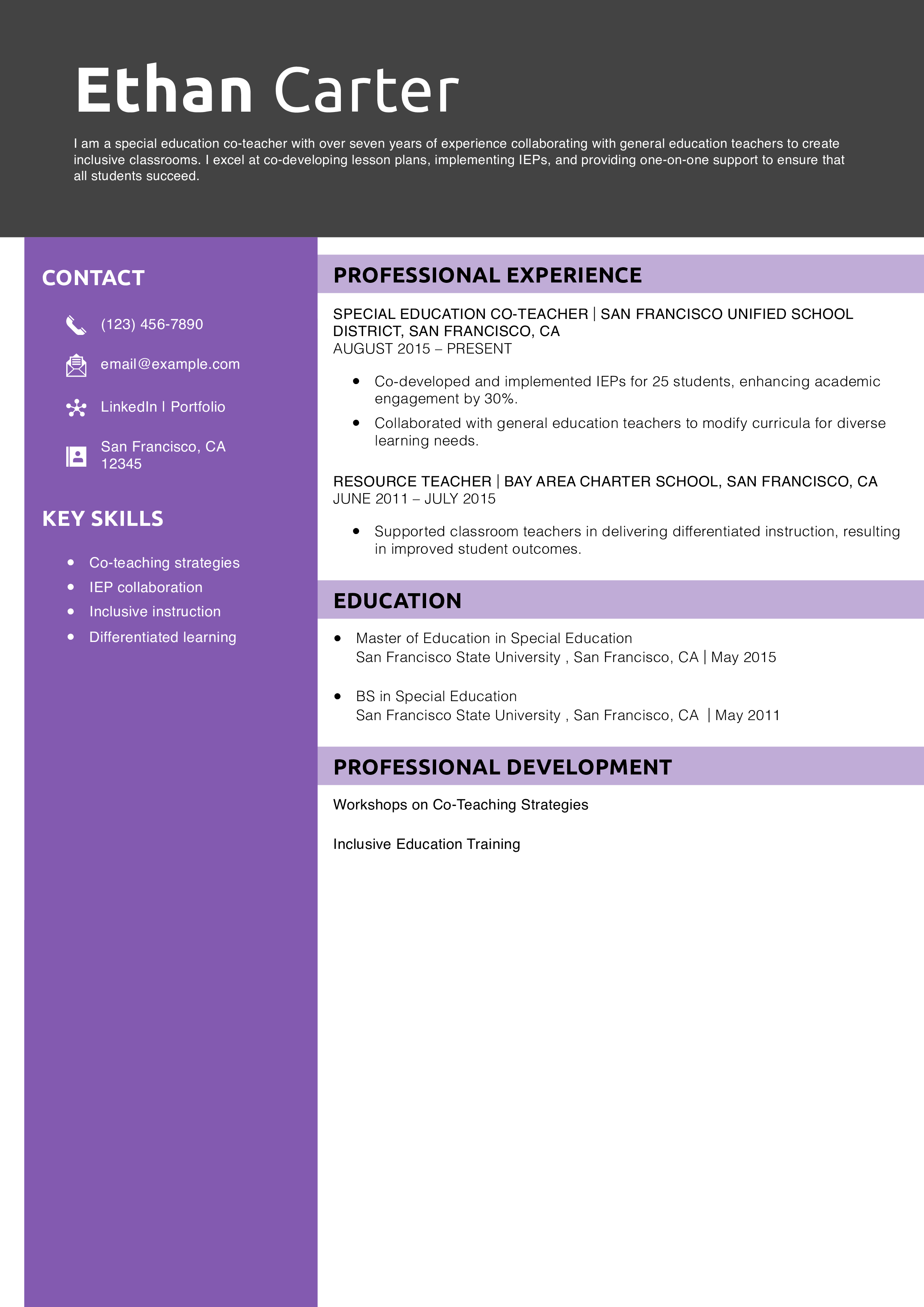 Special Education Co-Teacher Resume Example