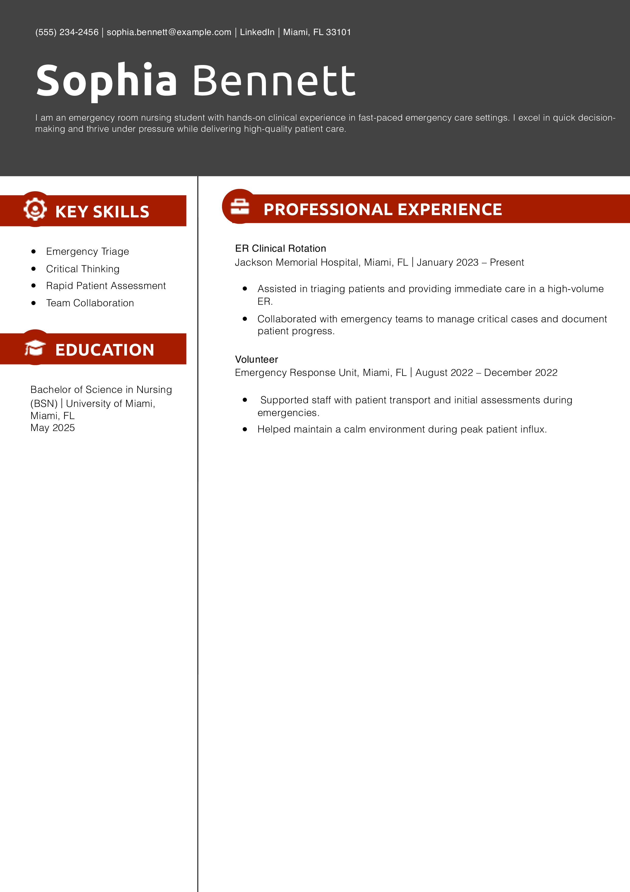 Emergency Room Nursing Student Resume Example