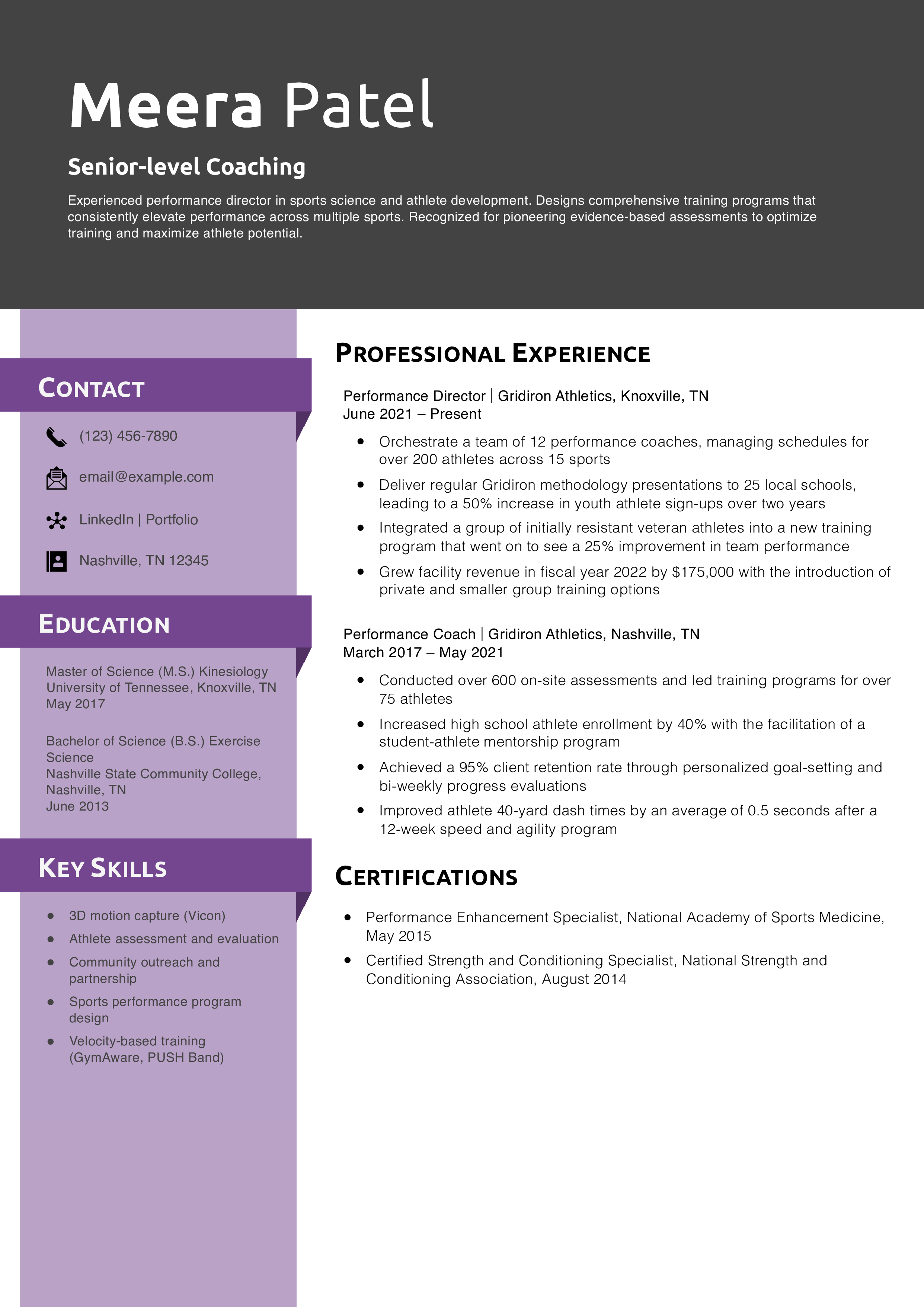 Senior-level Coaching Resume Example