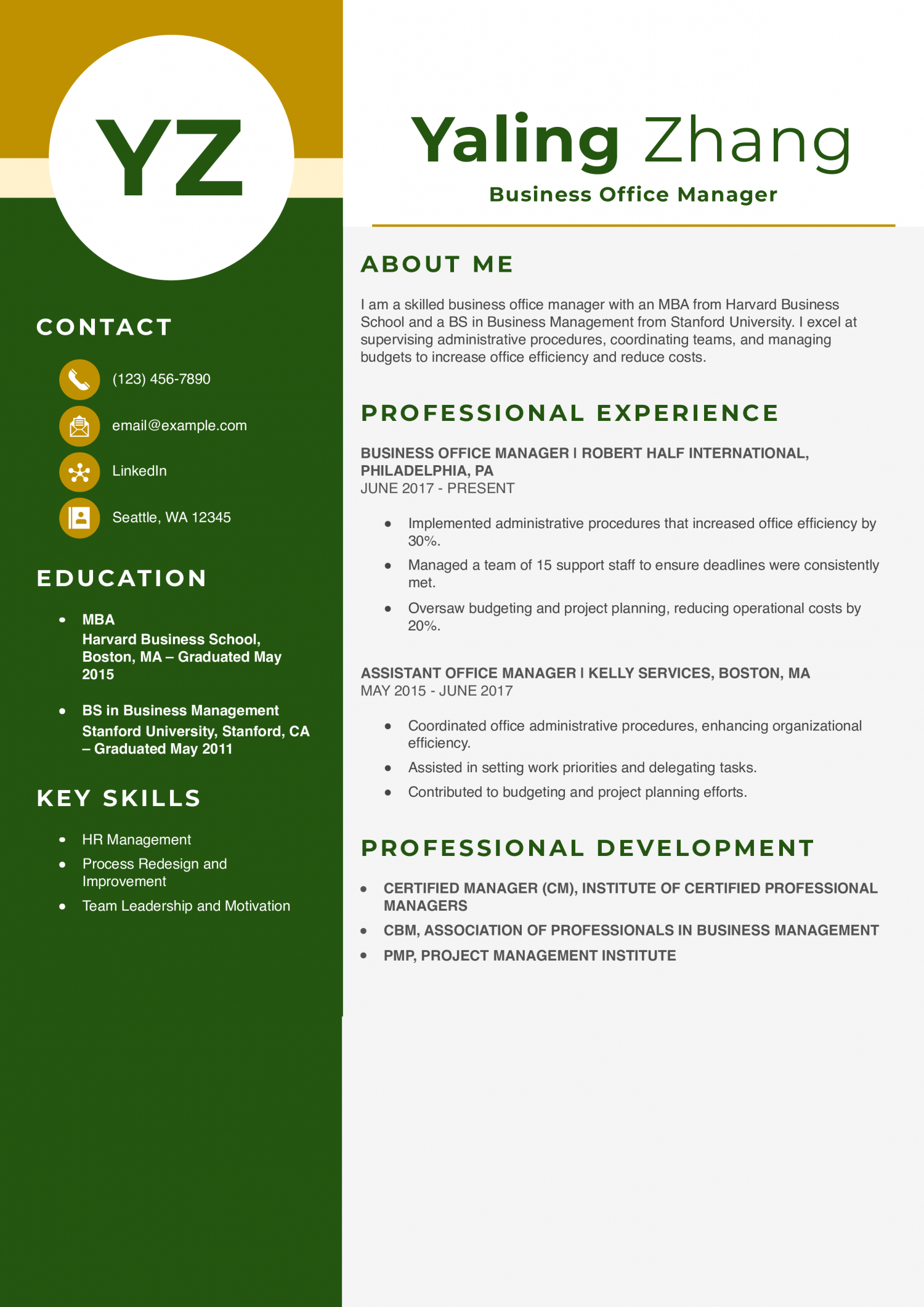 Business Office Manager Resume Example