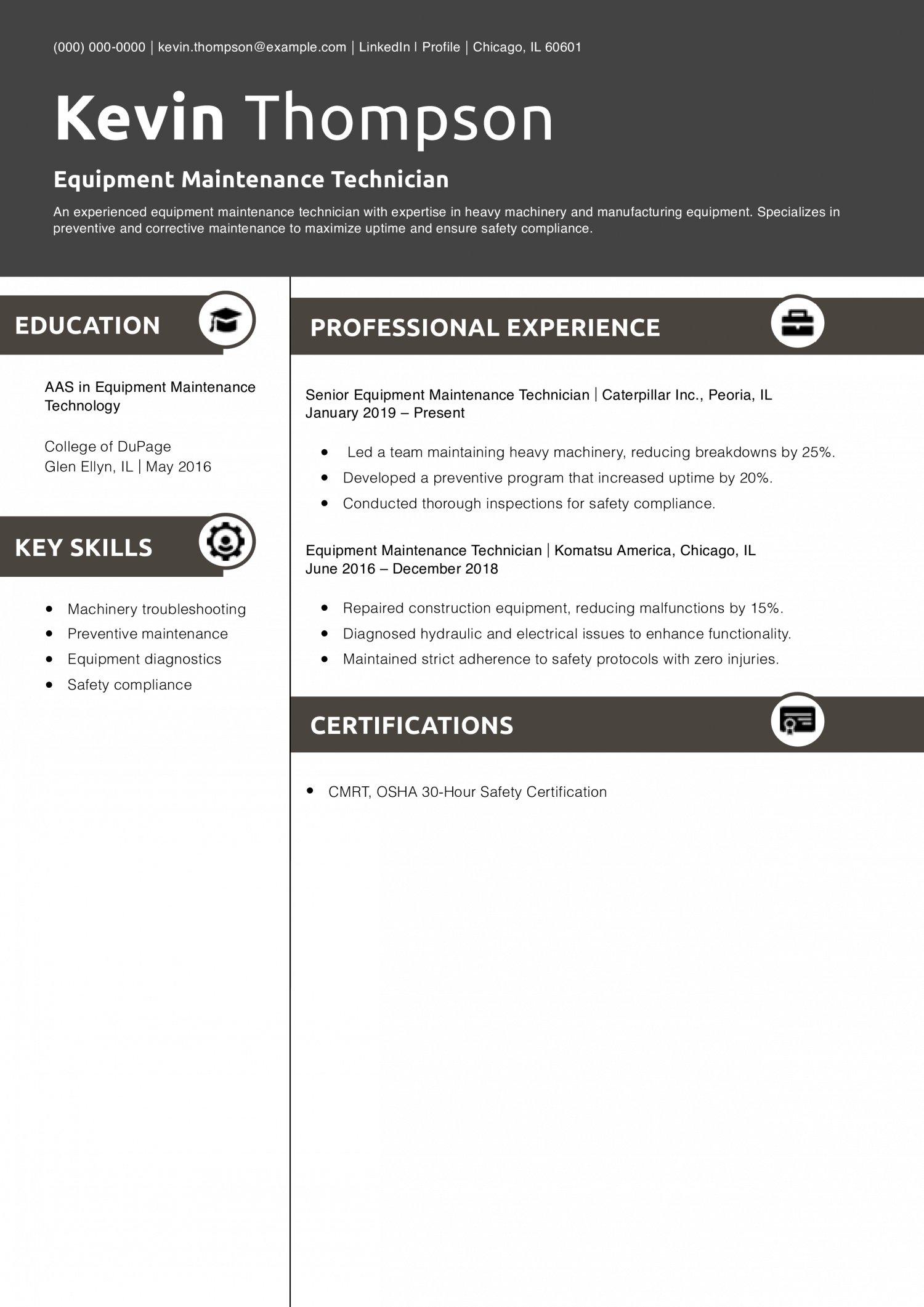 Equipment Maintenance Technician Resume Example