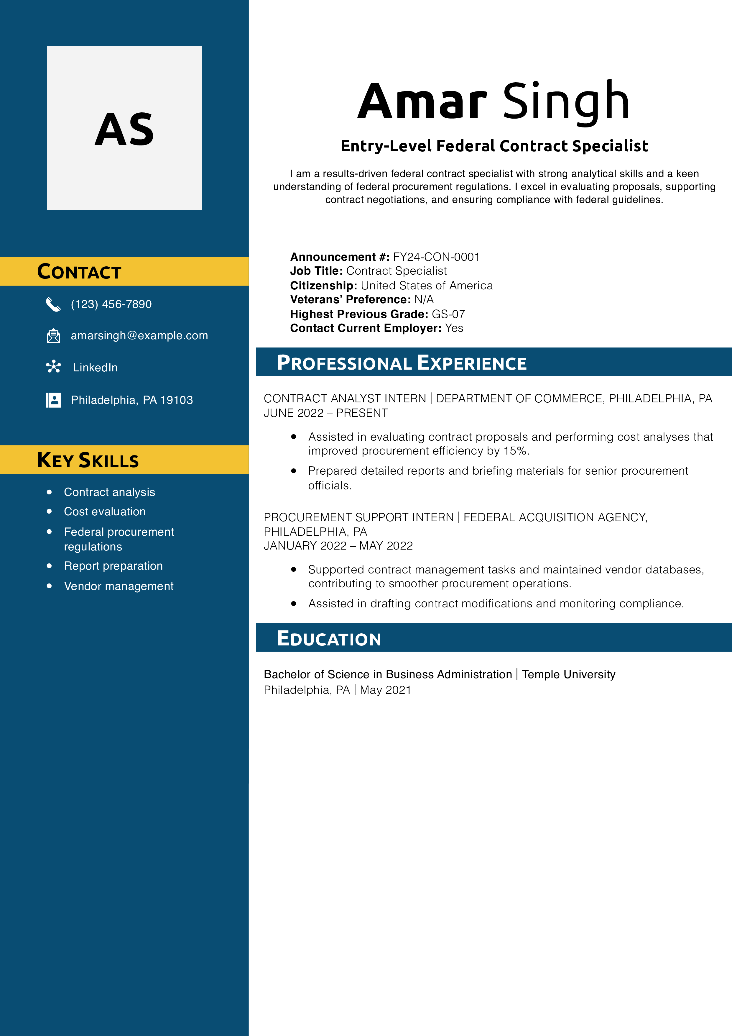 Entry-Level Federal Contract Specialist Resume Example