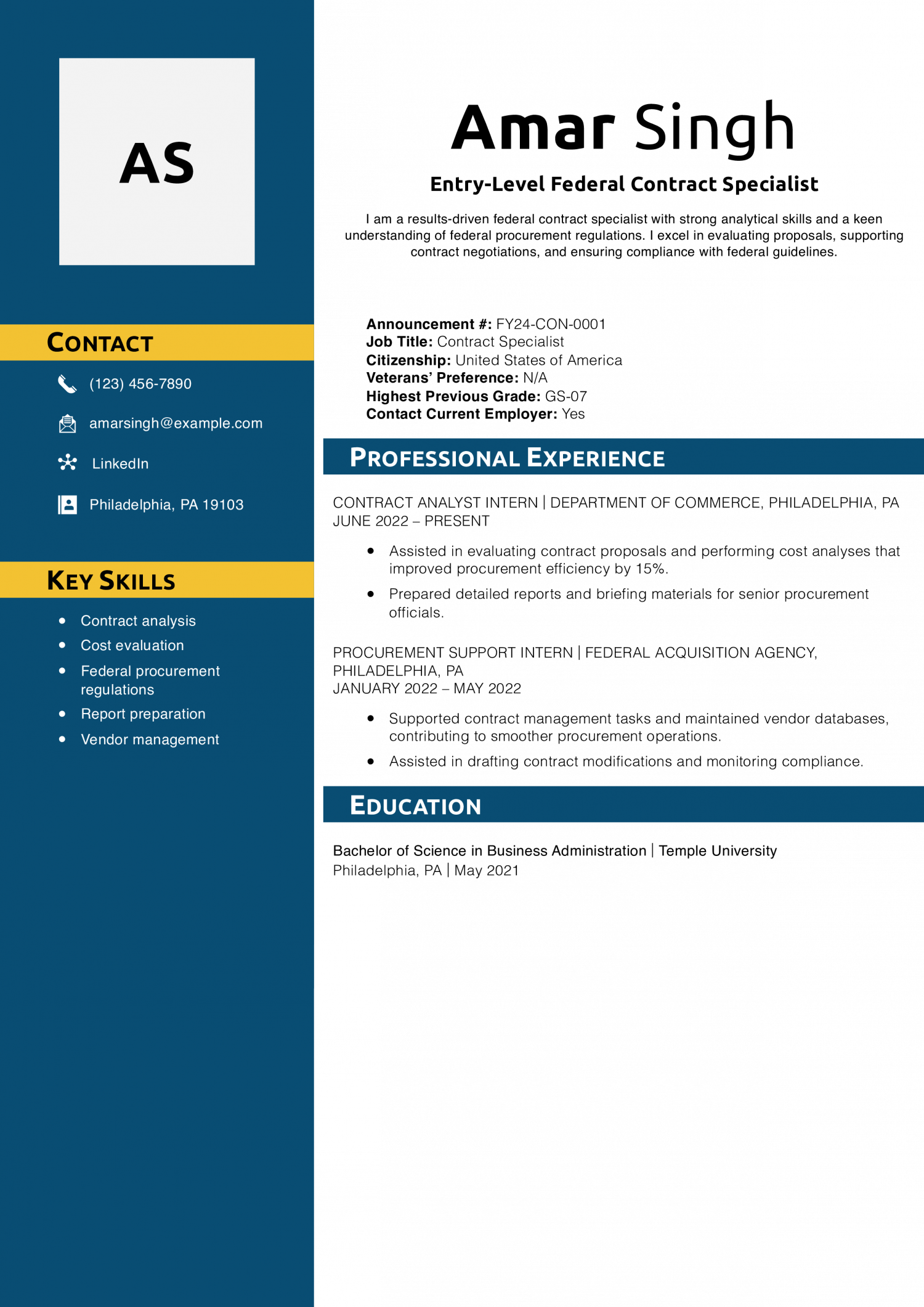 Entry-Level Federal Contract Specialist Resume Example