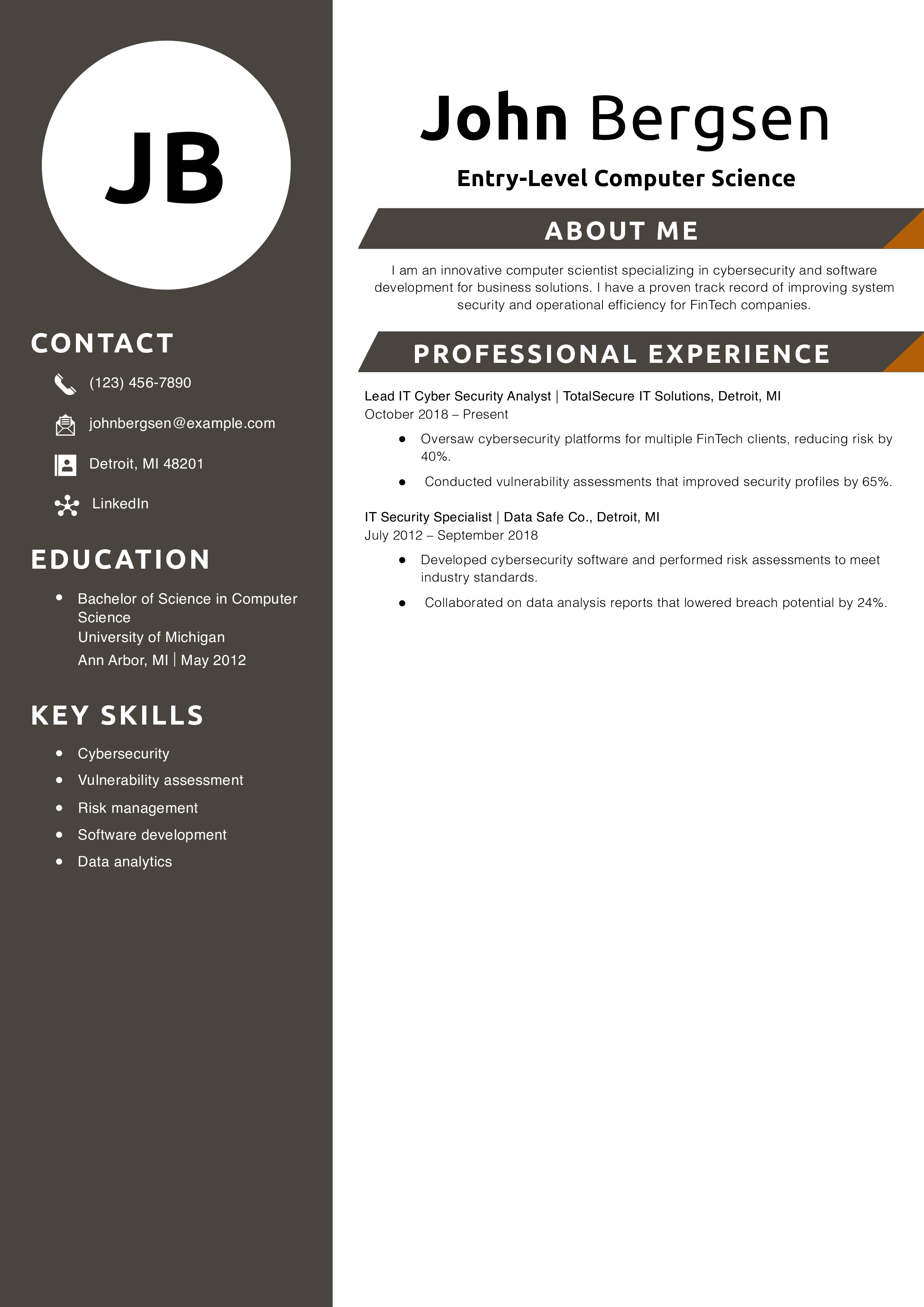 Entry-Level Computer Science Resume Example