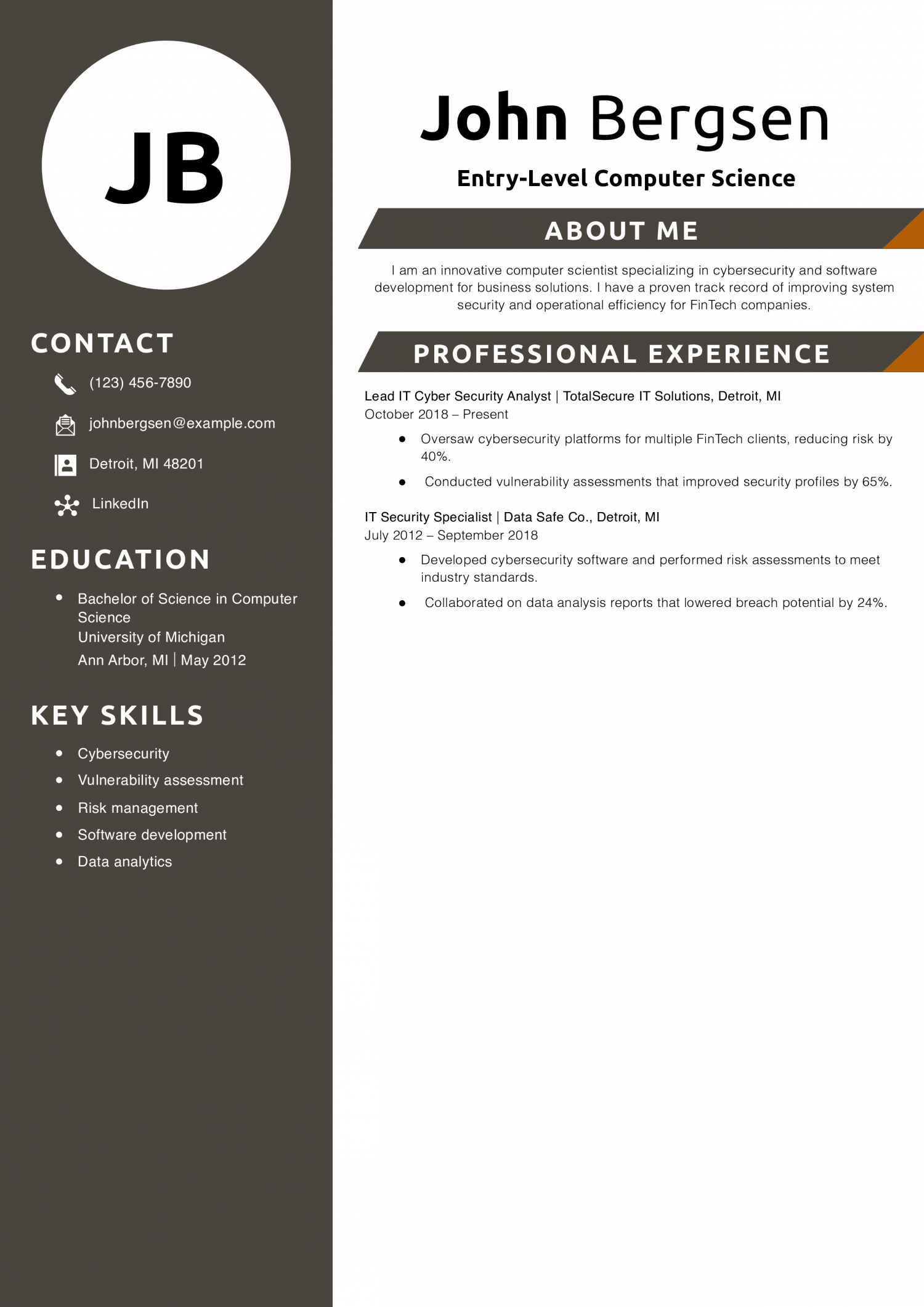 Entry-Level Computer Science Resume Example