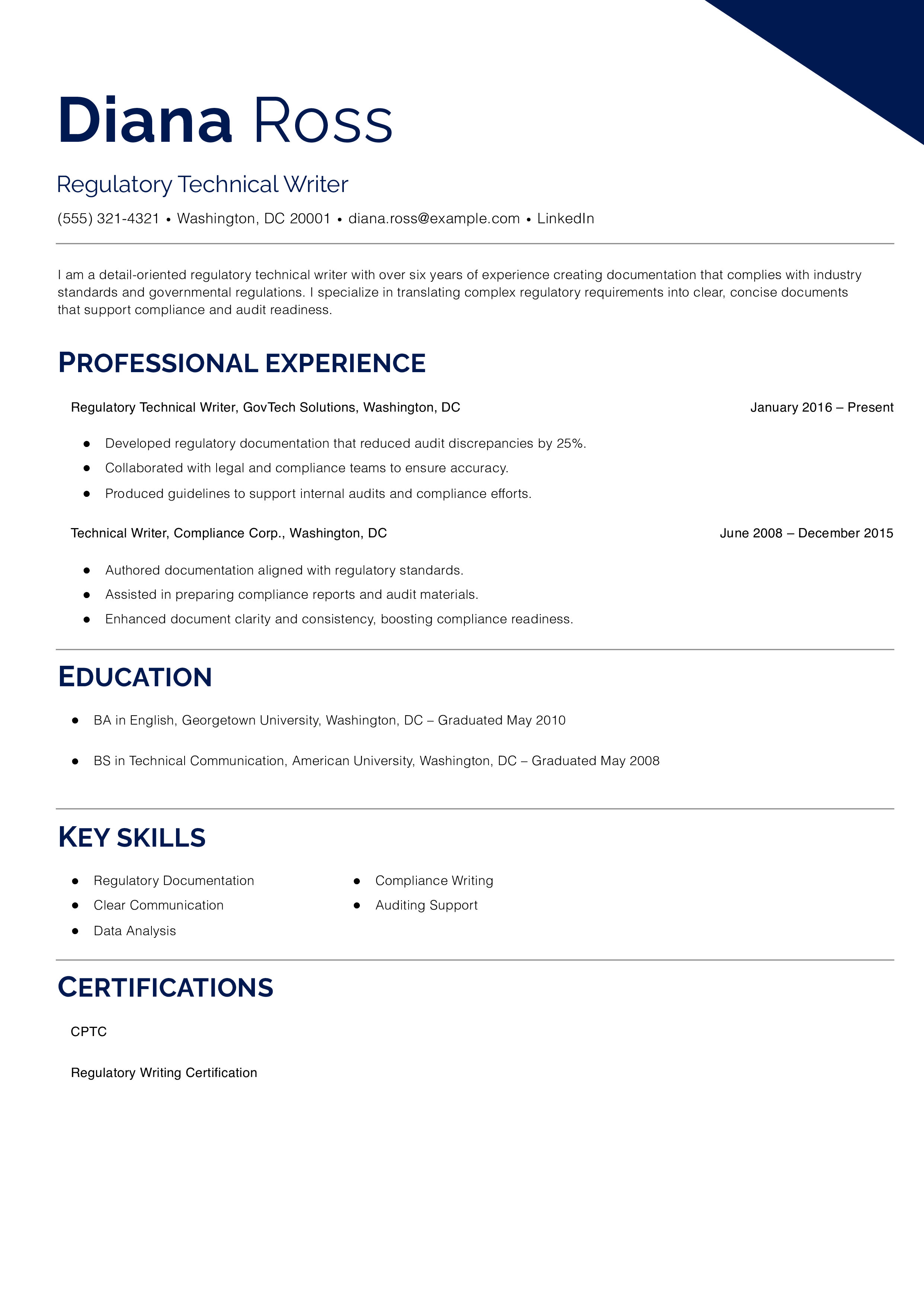 Regulatory Technical Writer Resume Example