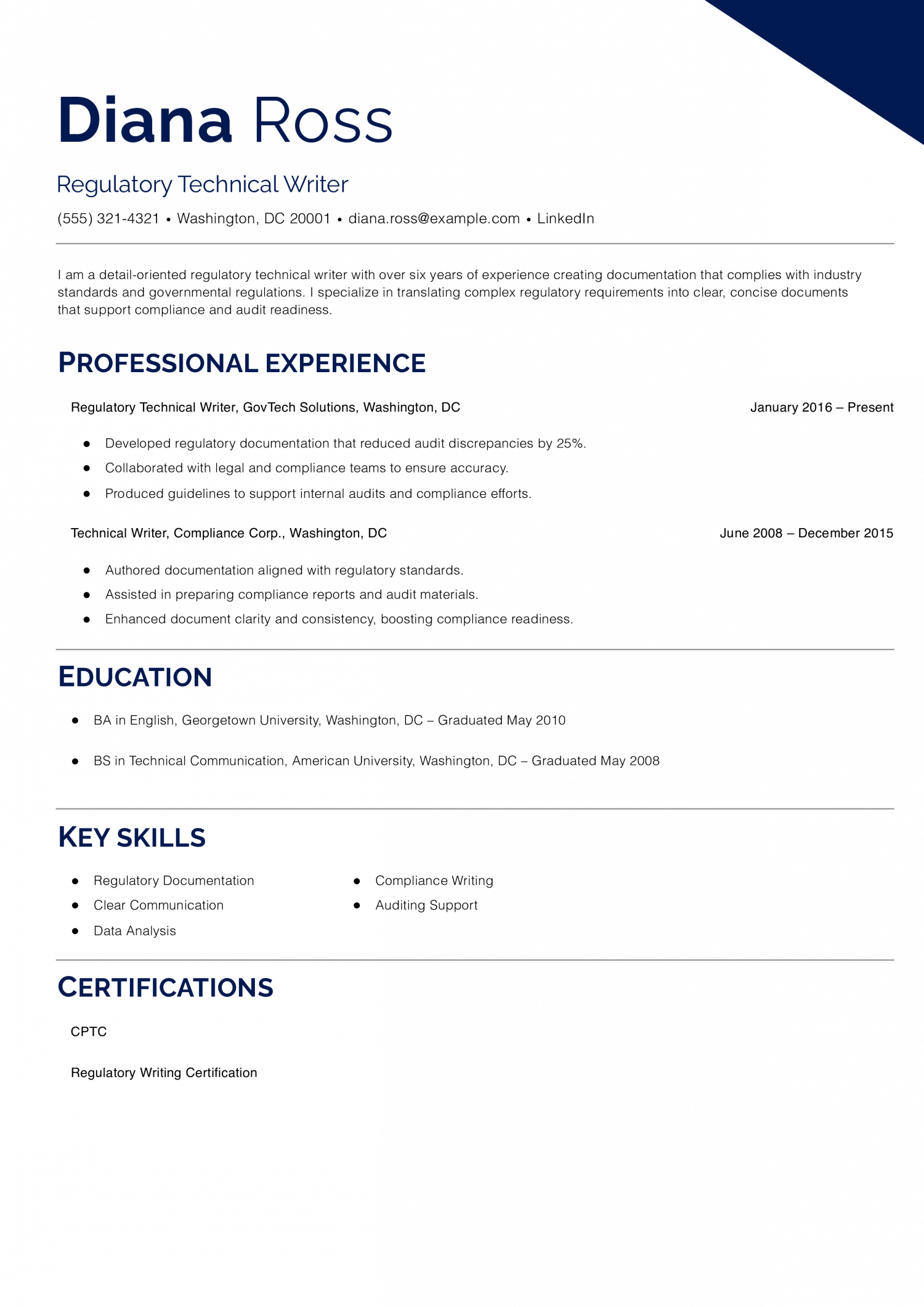 Regulatory Technical Writer Resume Example