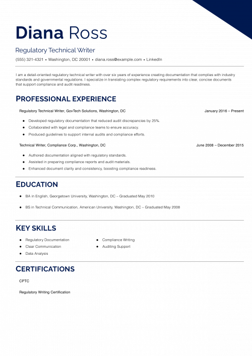 Regulatory Technical Writer Resume Example