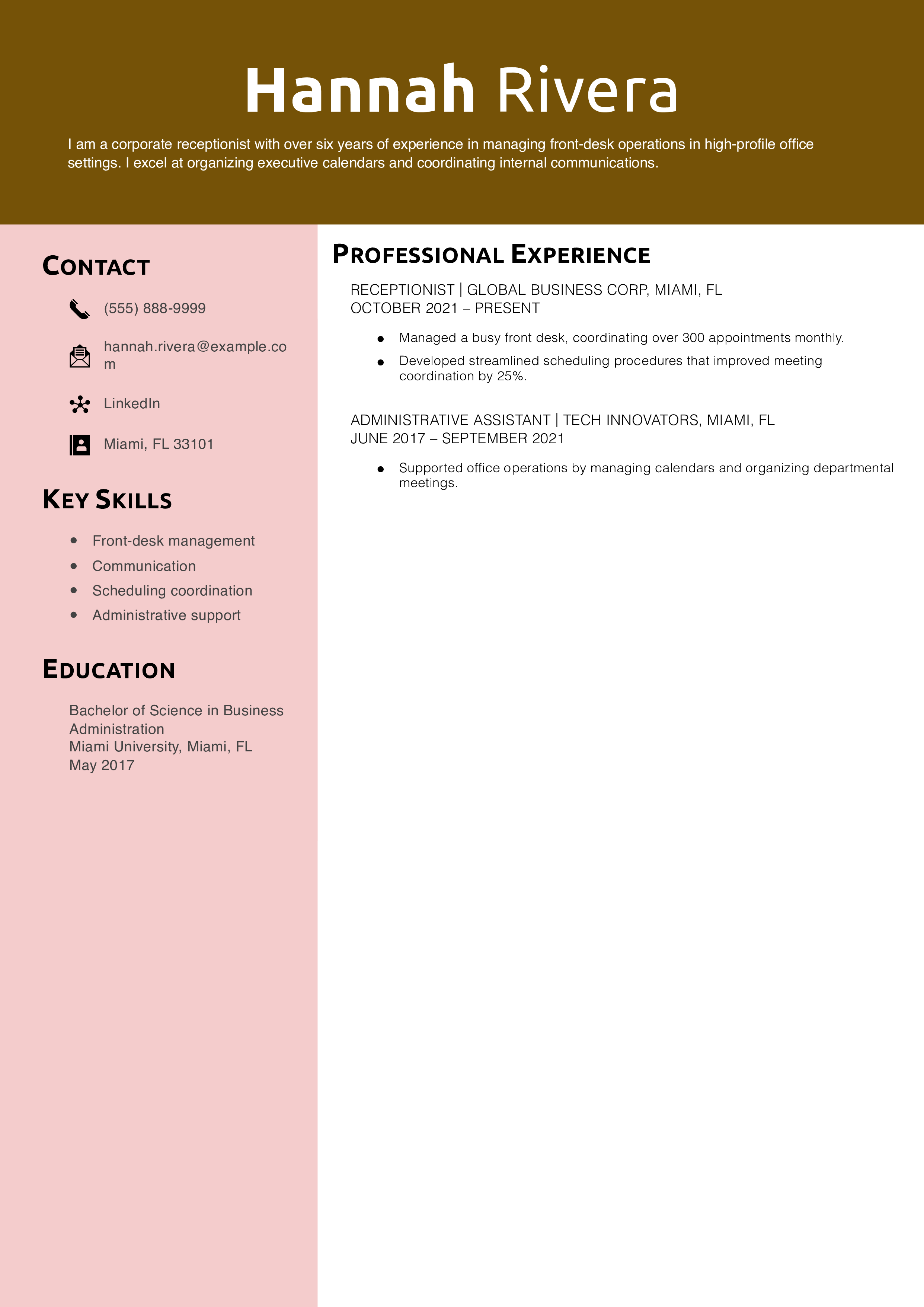 Corporate Receptionist Resume Example