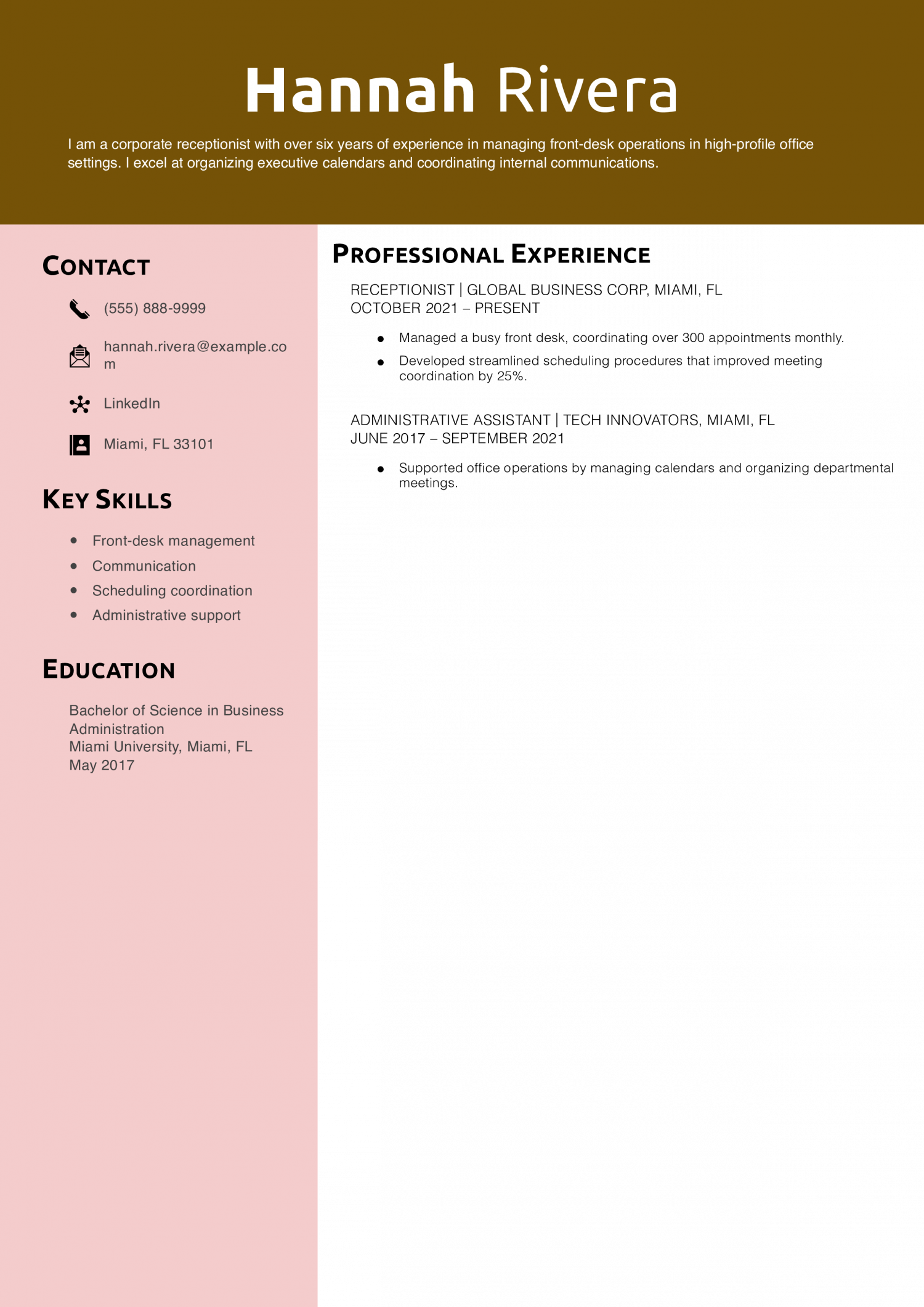 Corporate Receptionist Resume Example