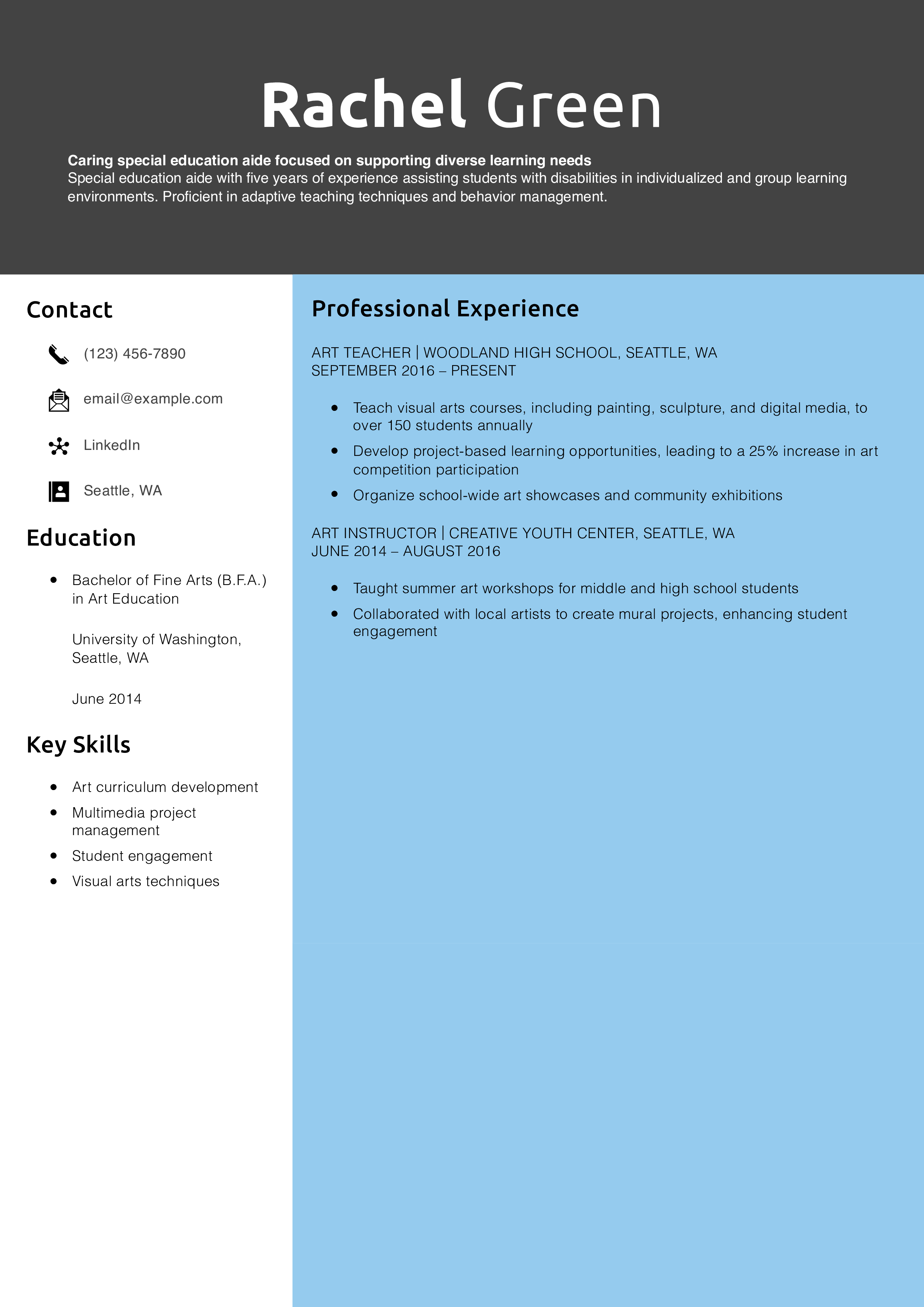 Art teacher resume example