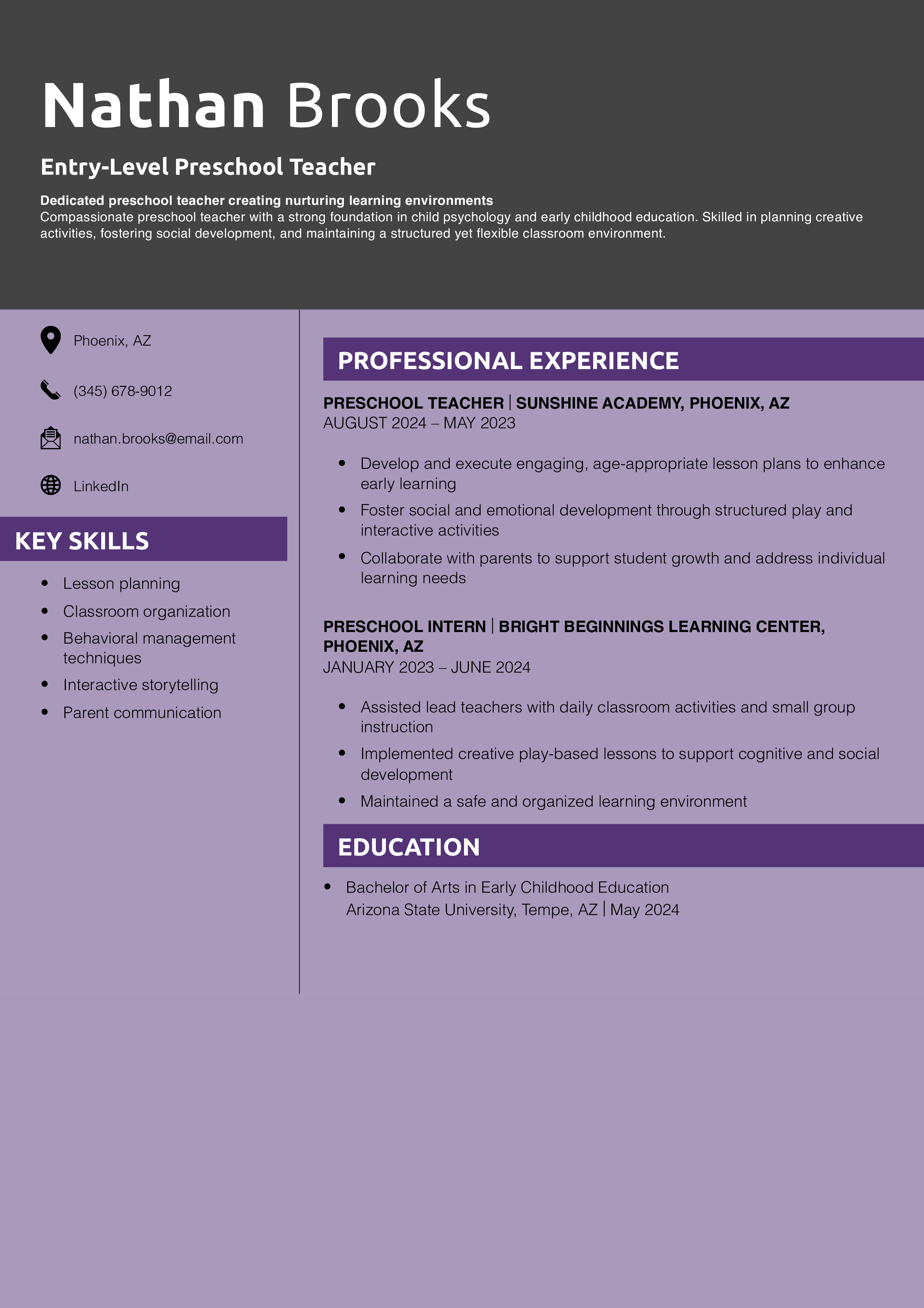 Entry-Level Preschool Teacher Resume
