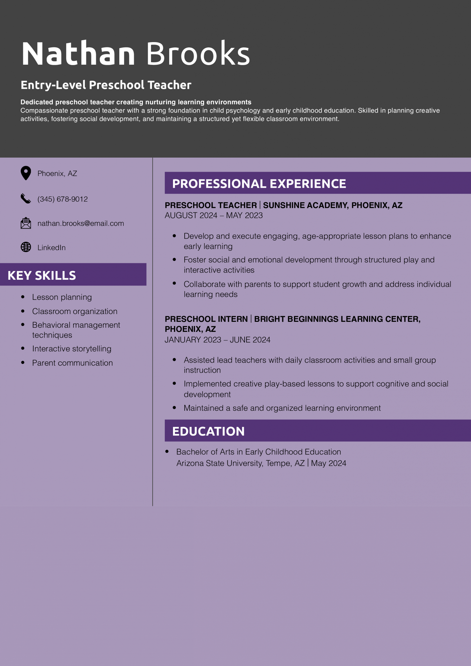 Entry-Level Preschool Teacher Resume
