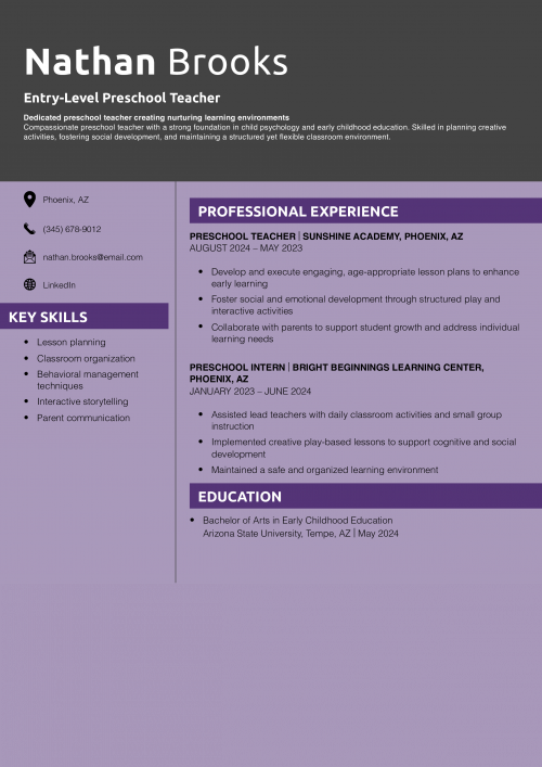 Entry-Level Preschool Teacher Resume