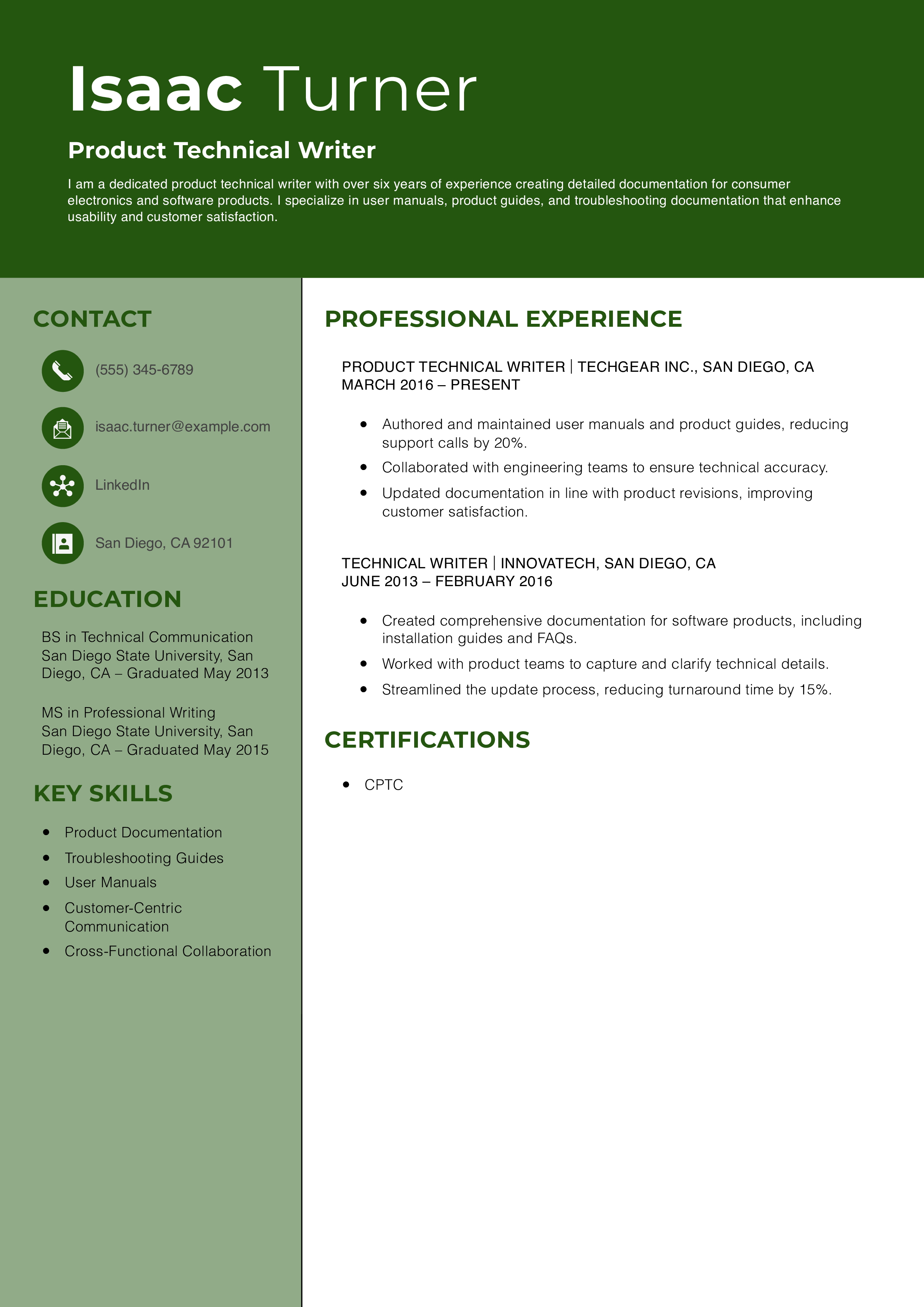 Product Technical Writer Resume Example