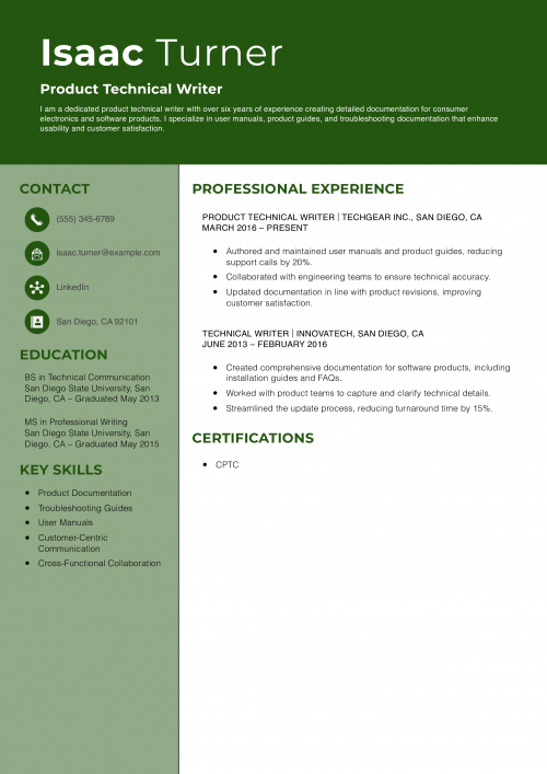 Product Technical Writer Resume Example