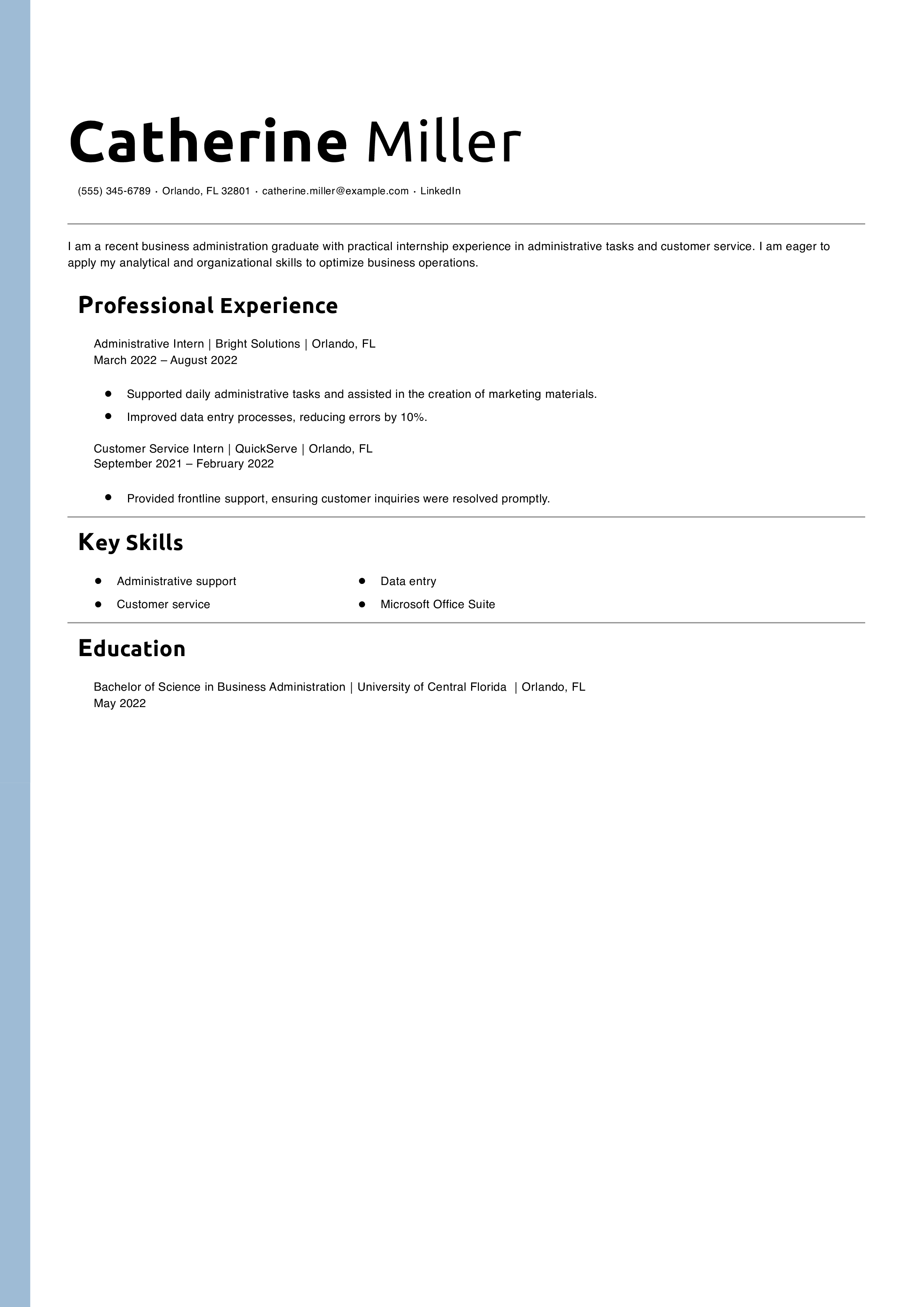 Entry-Level Business Administration Resume Example