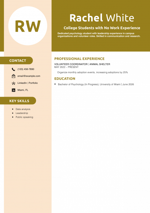 College Students with No Work Experience Resume Example