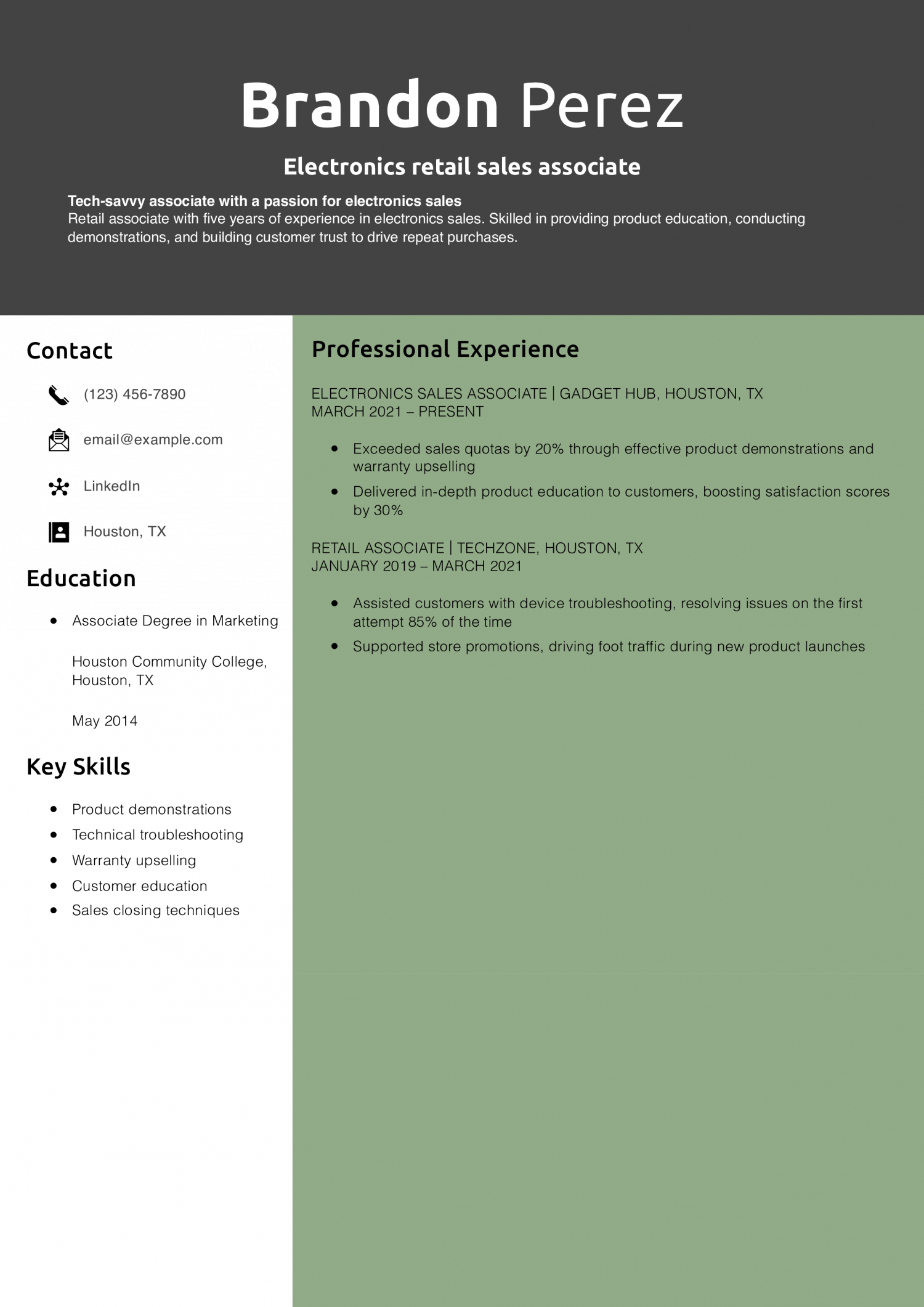 Electronics retail sales associate resume