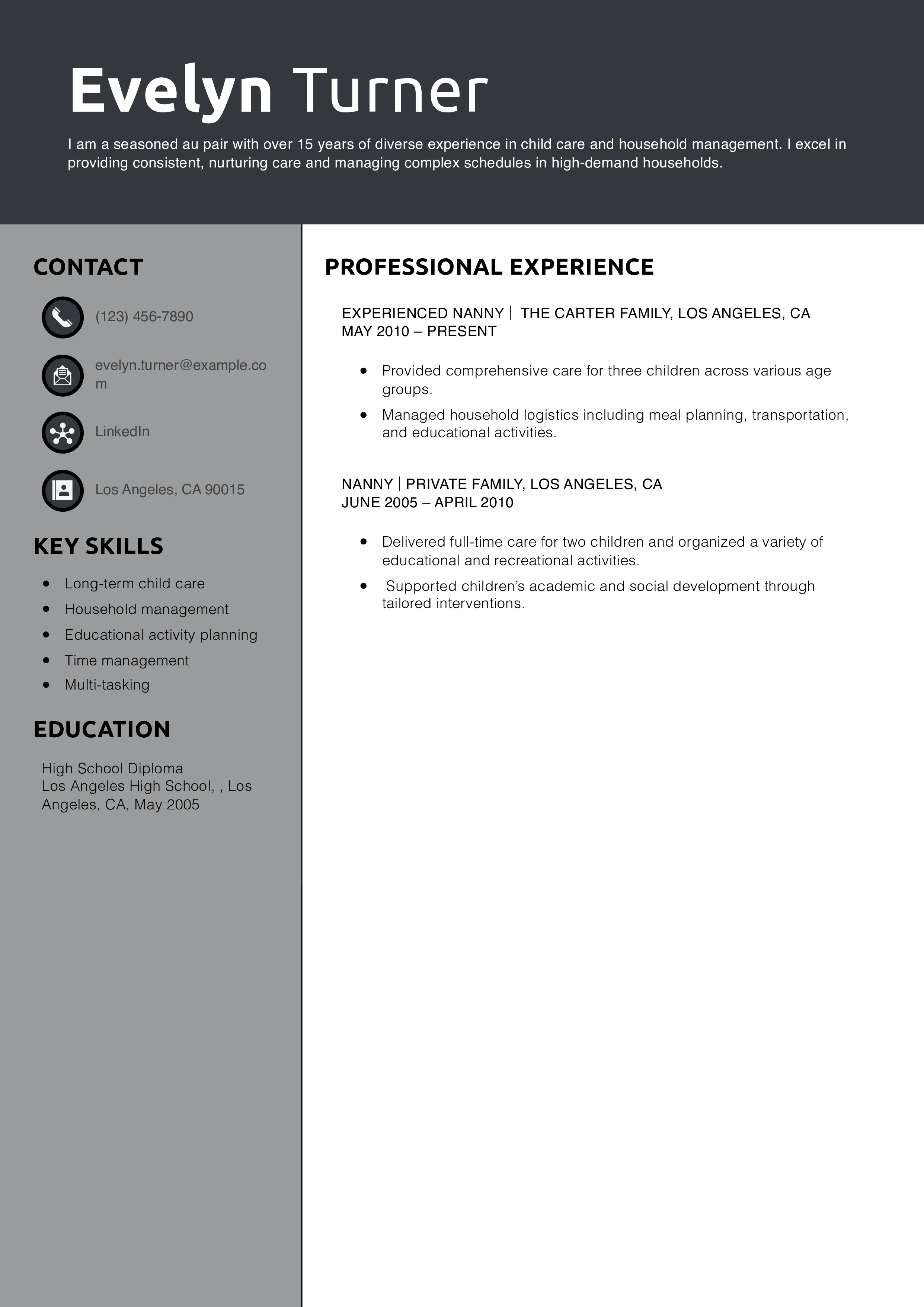 Au Pair Resume Example
