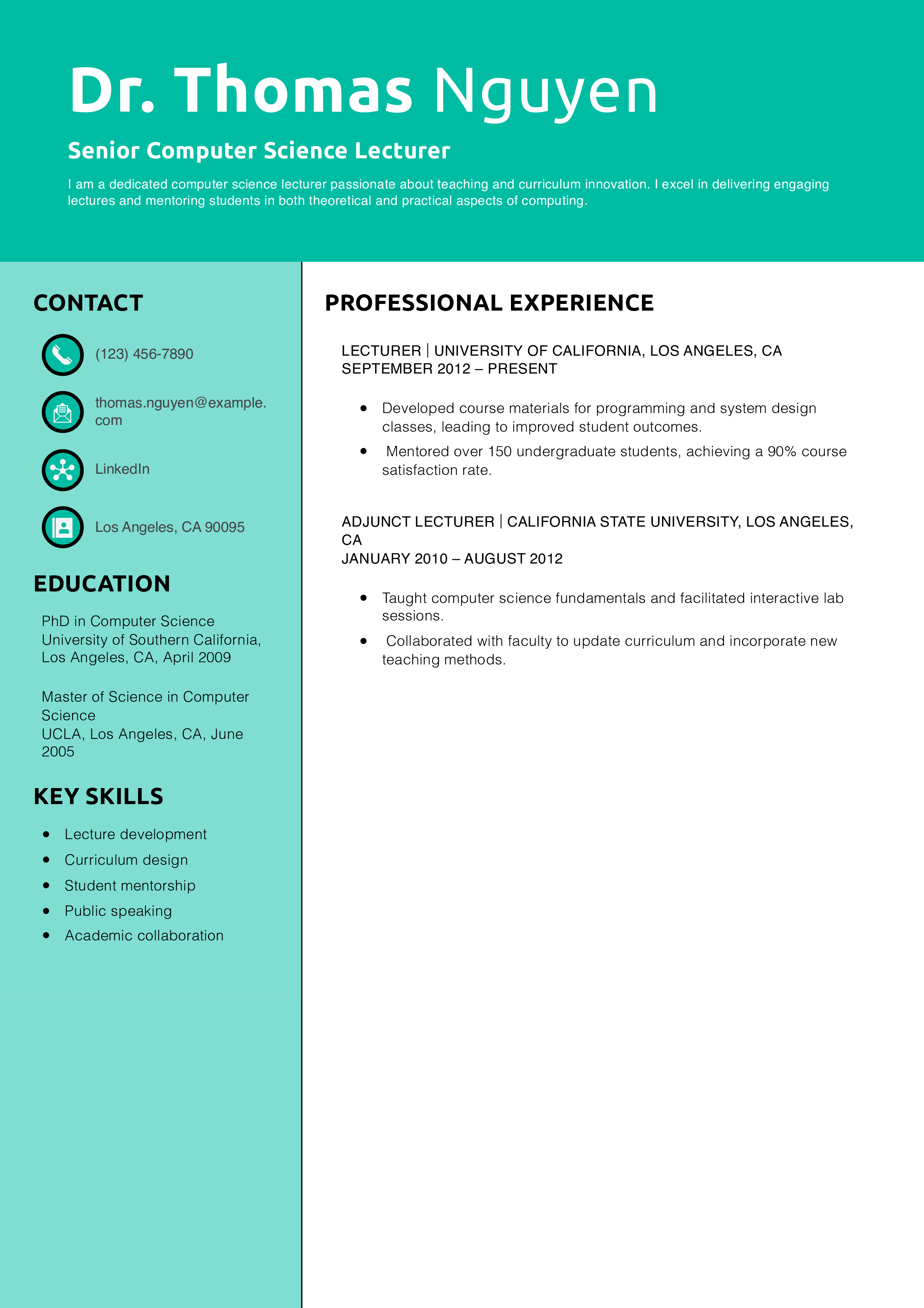 Senior Computer Science Lecturer Resume Example