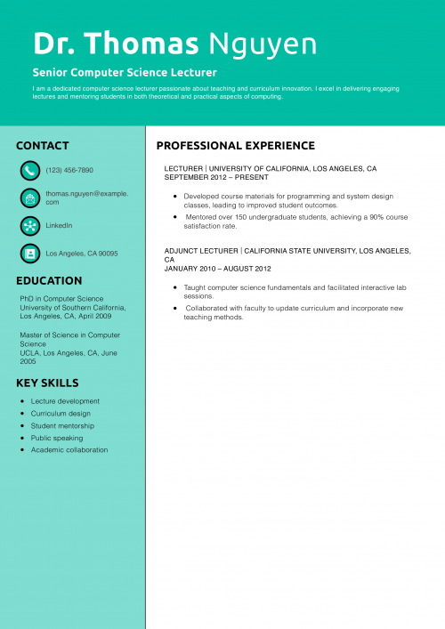Senior Computer Science Lecturer Resume Example