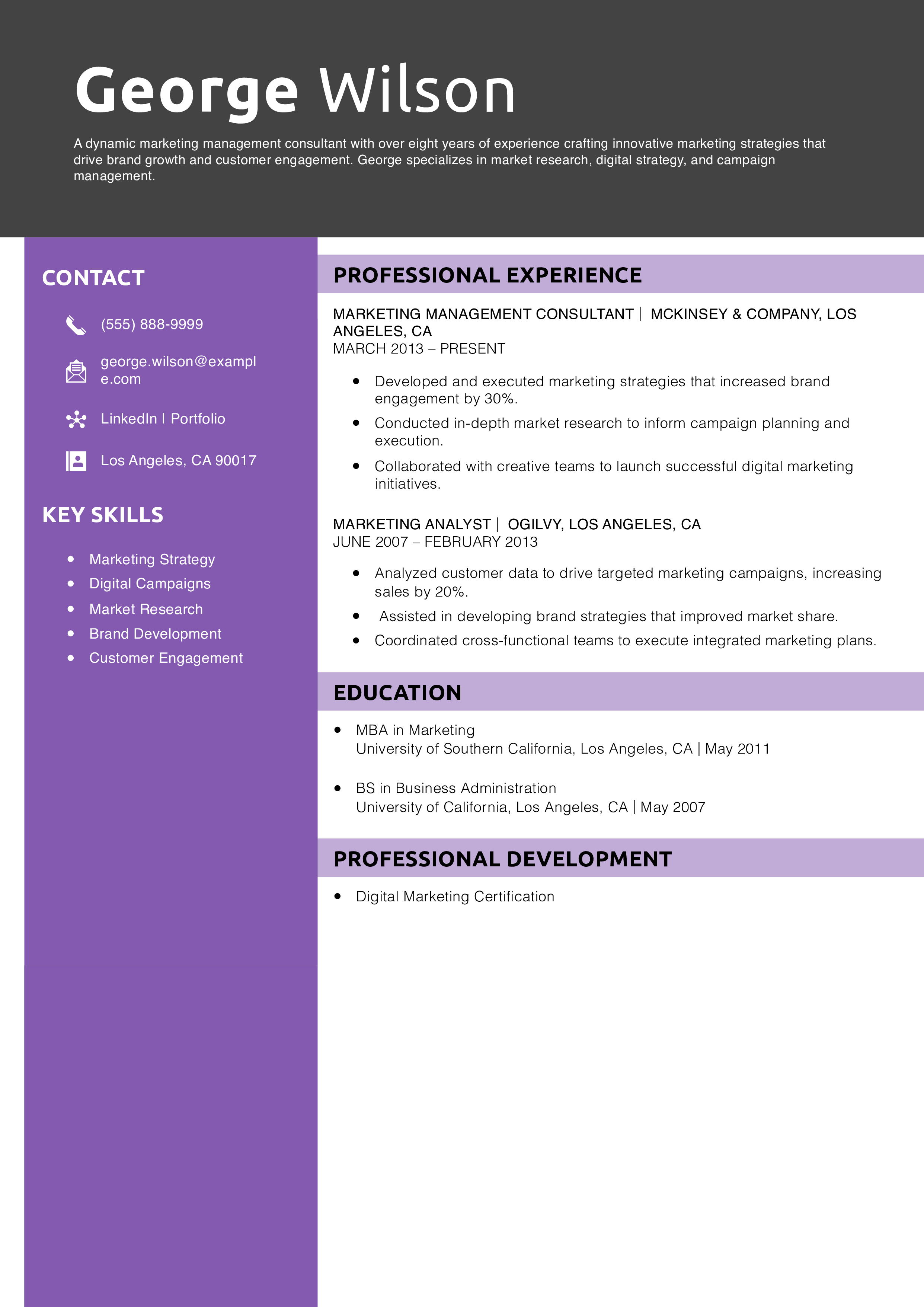 Marketing Management Consultant Resume Example