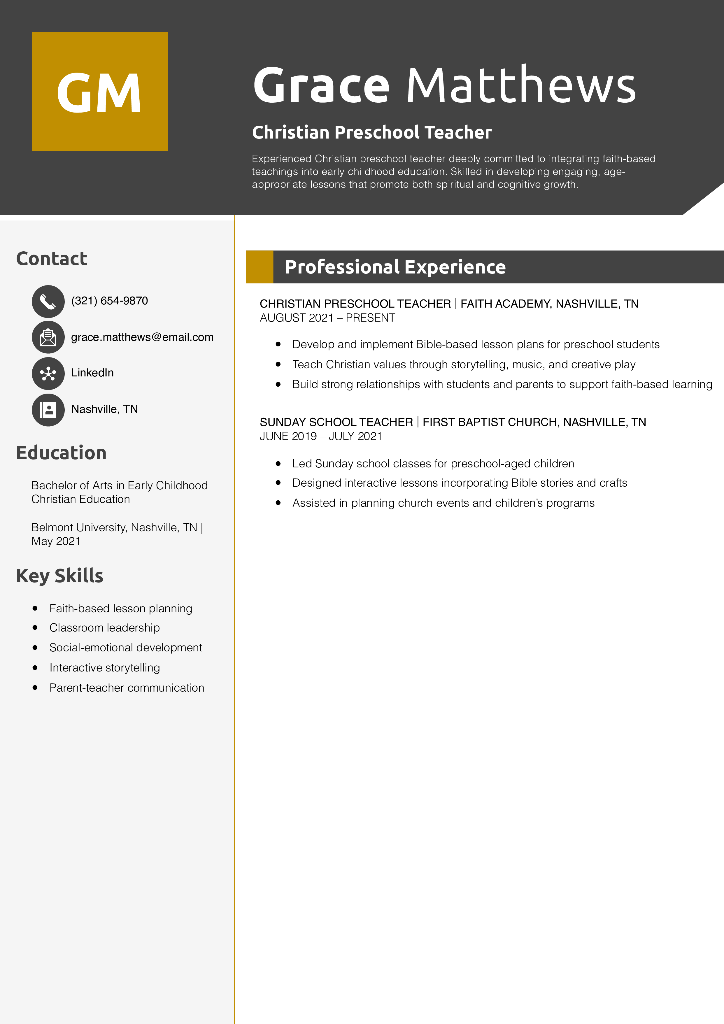 Christian Preschool Teacher Resume