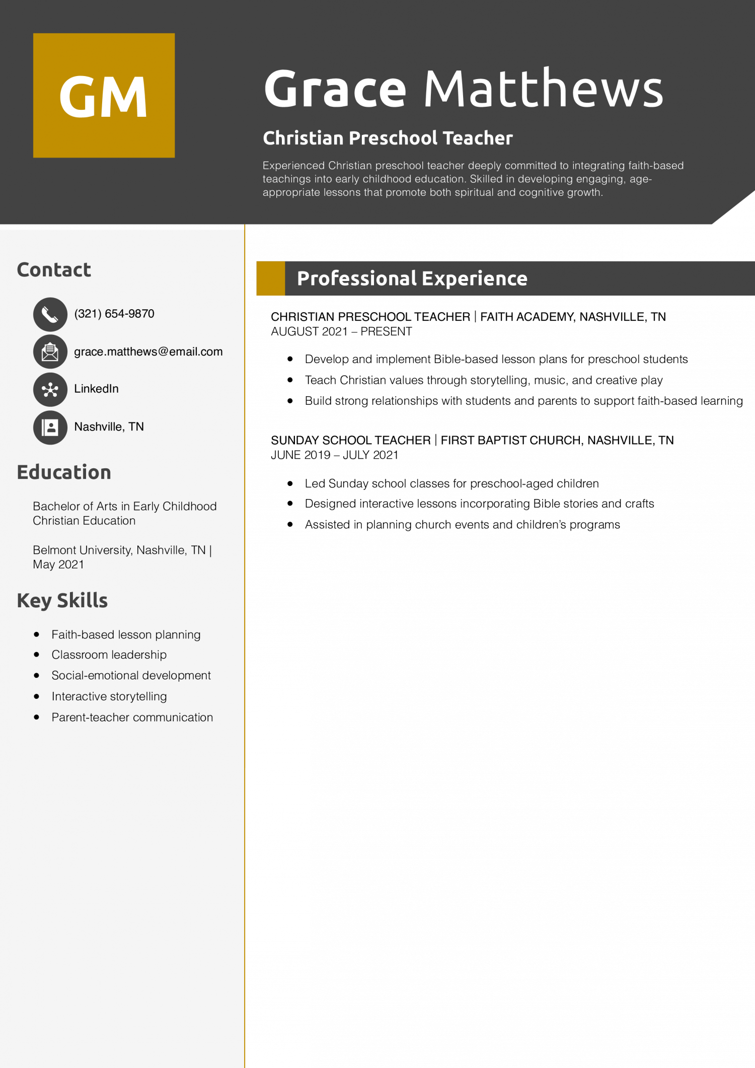 Christian Preschool Teacher Resume