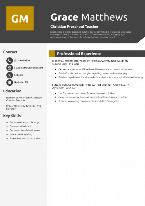 Christian Preschool Teacher Resume