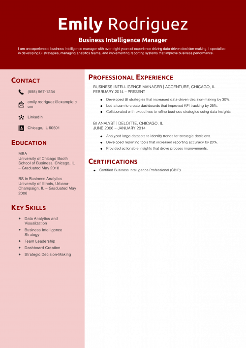 Business Intelligence Manager Resume Example