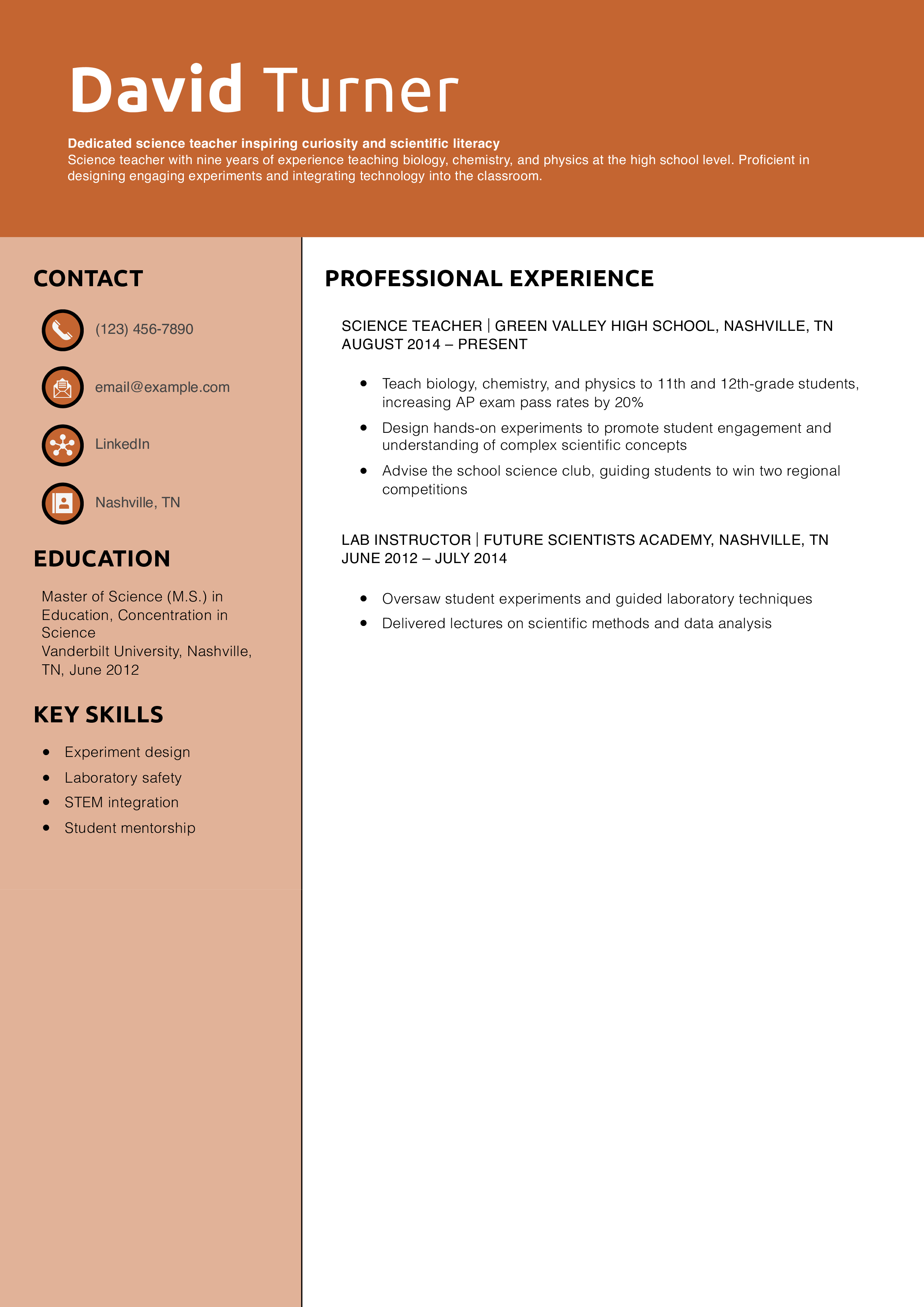 Science teacher resume example