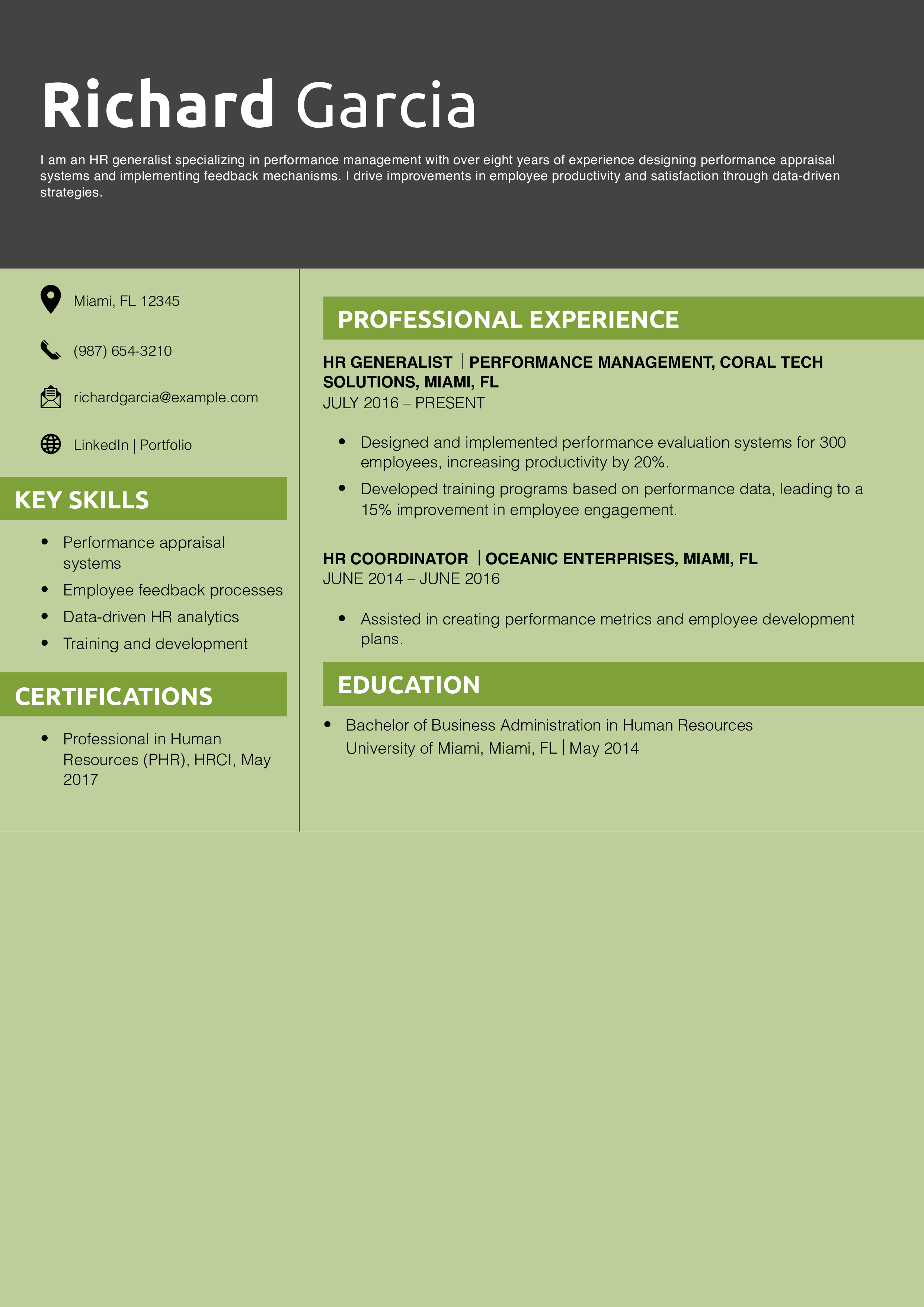 HR Generalist Performance Management Resume Example